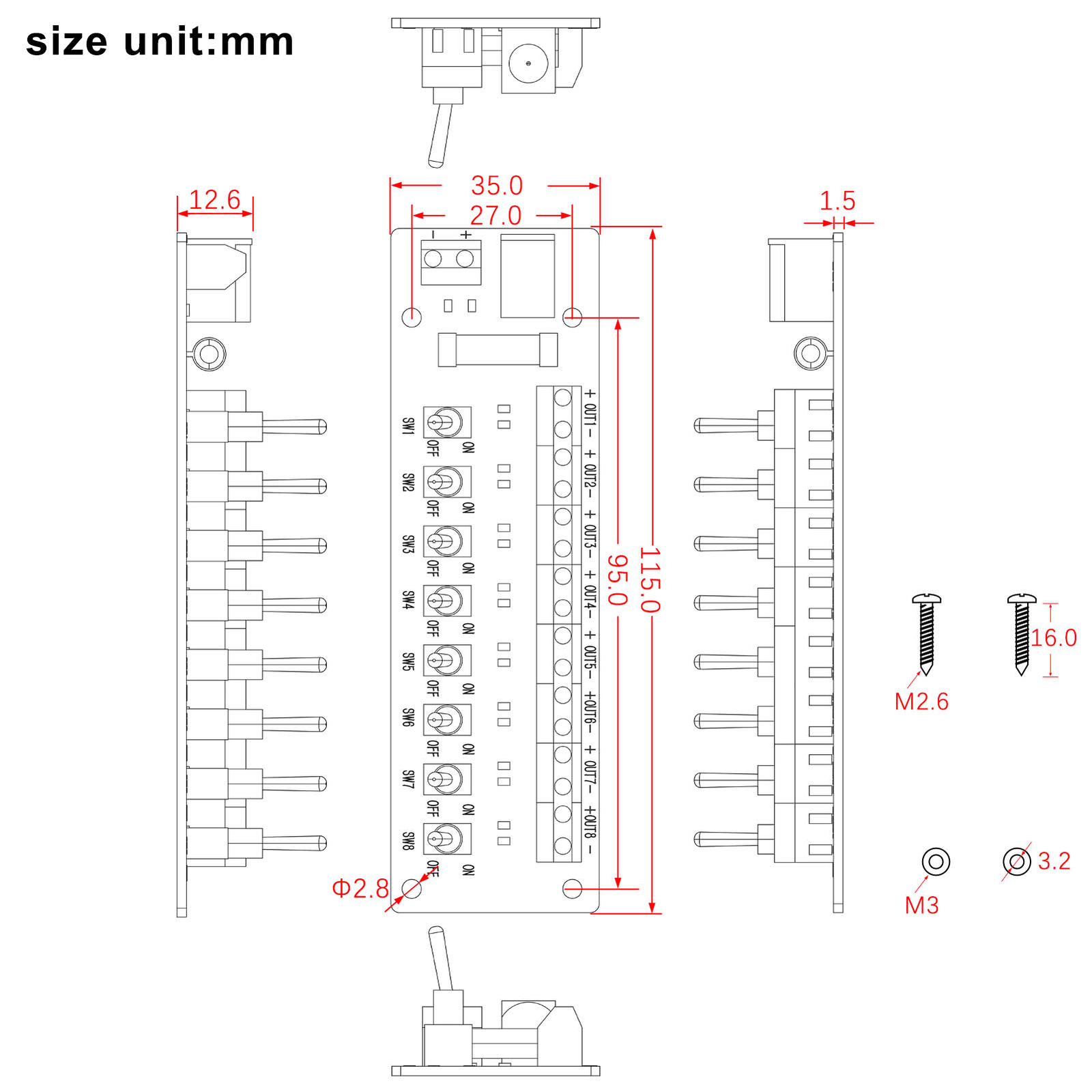 Evemodel 3V-24V DC Individual Toggle Switch Power Distribution Module 8 Channel