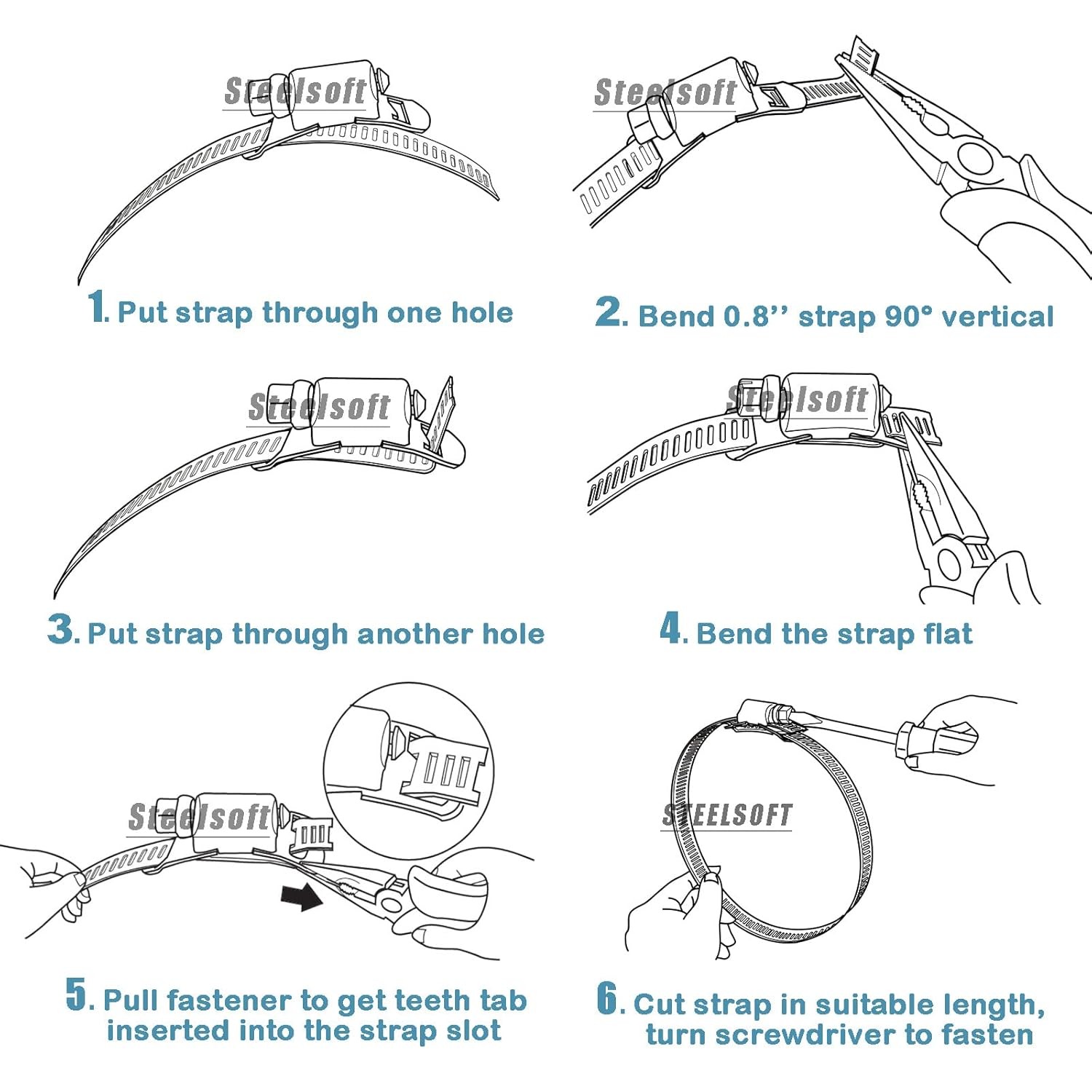 DIY Hose Clamp System Kit - 9.8 FT Band Strap + 6 Fasteners, Metallic