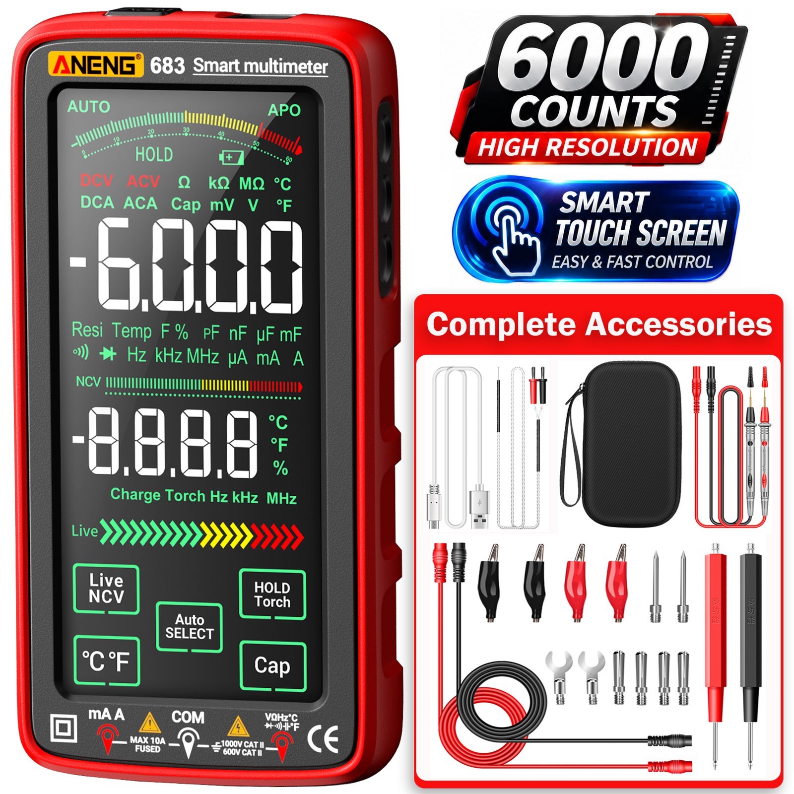 ANENG 683 True RMS Digital Multimeter Touch Screen Rechargeable 6000 Counts