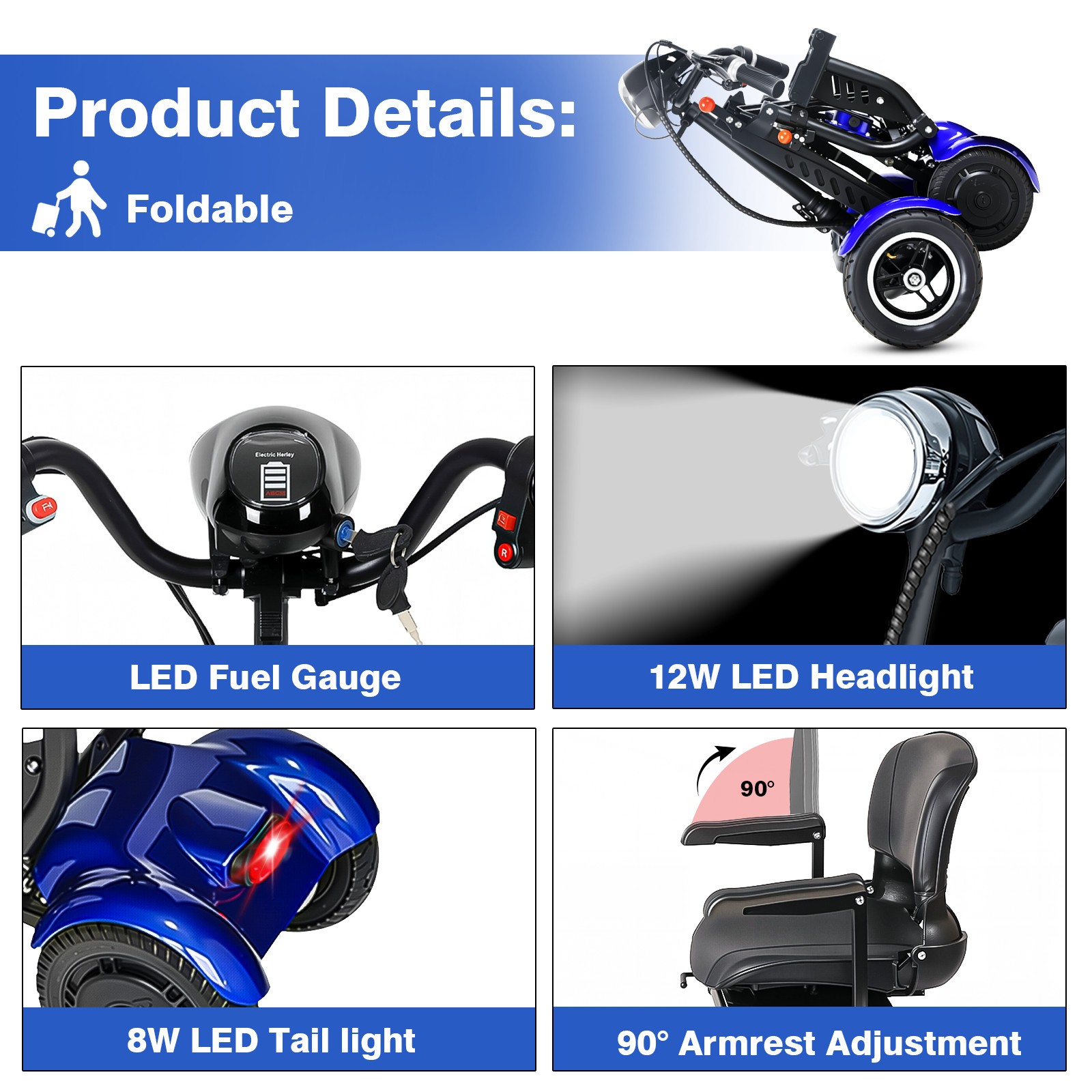 Foldable 4 Wheel Mobility Scooter Folding Drive Device for Seniors Adults US
