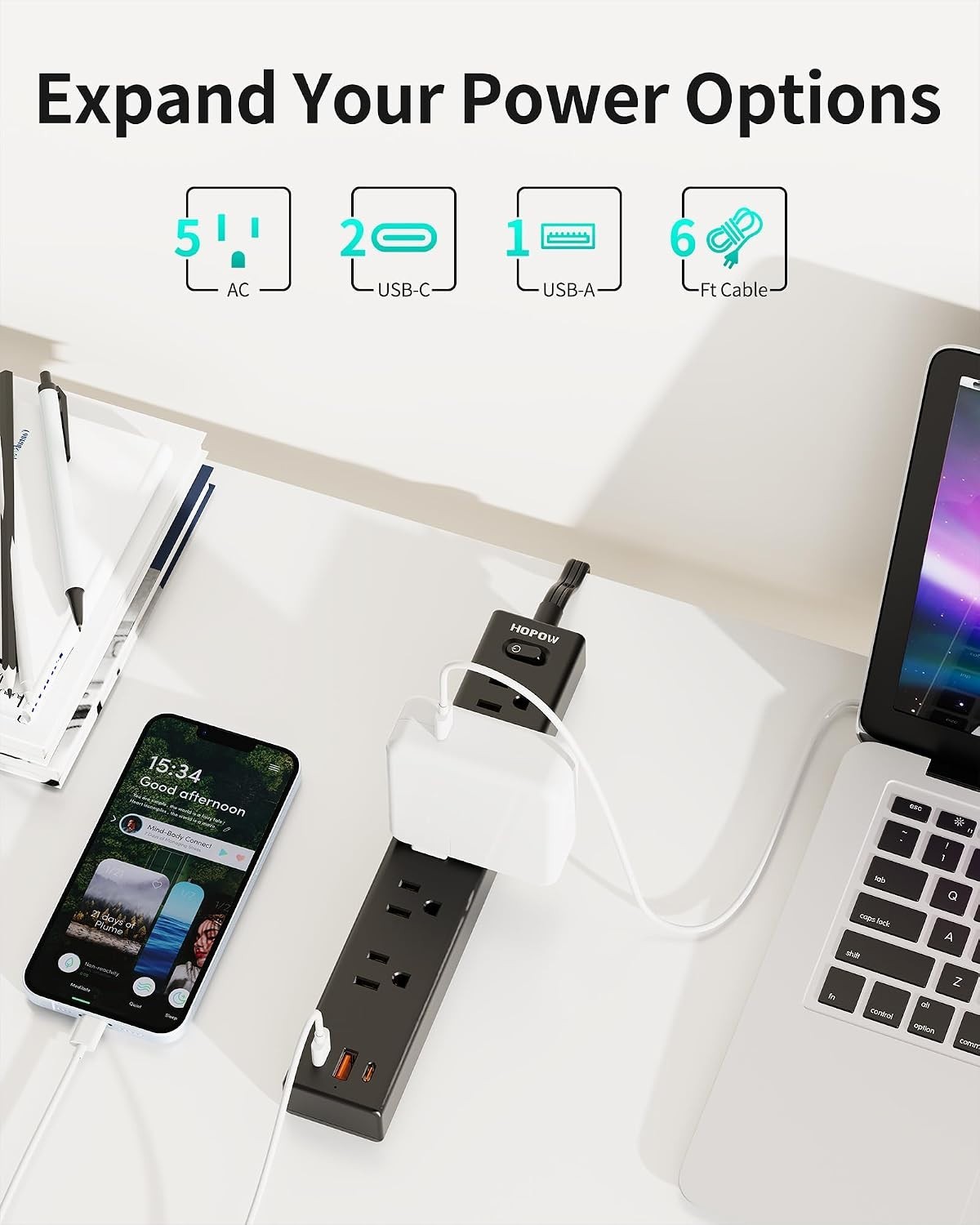 6FT Mountable Power Strip with 5 Outlets + USB Slots: Safe & Stylish Solution