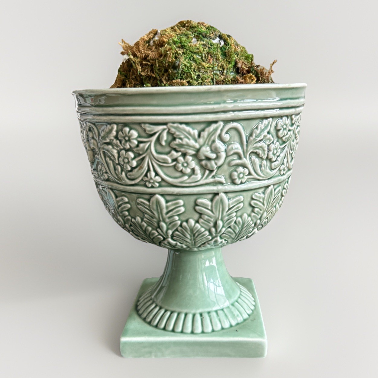 Vintage Green Ceramic Planter w/ Raised Floral Relief Round Jardiniere Pot