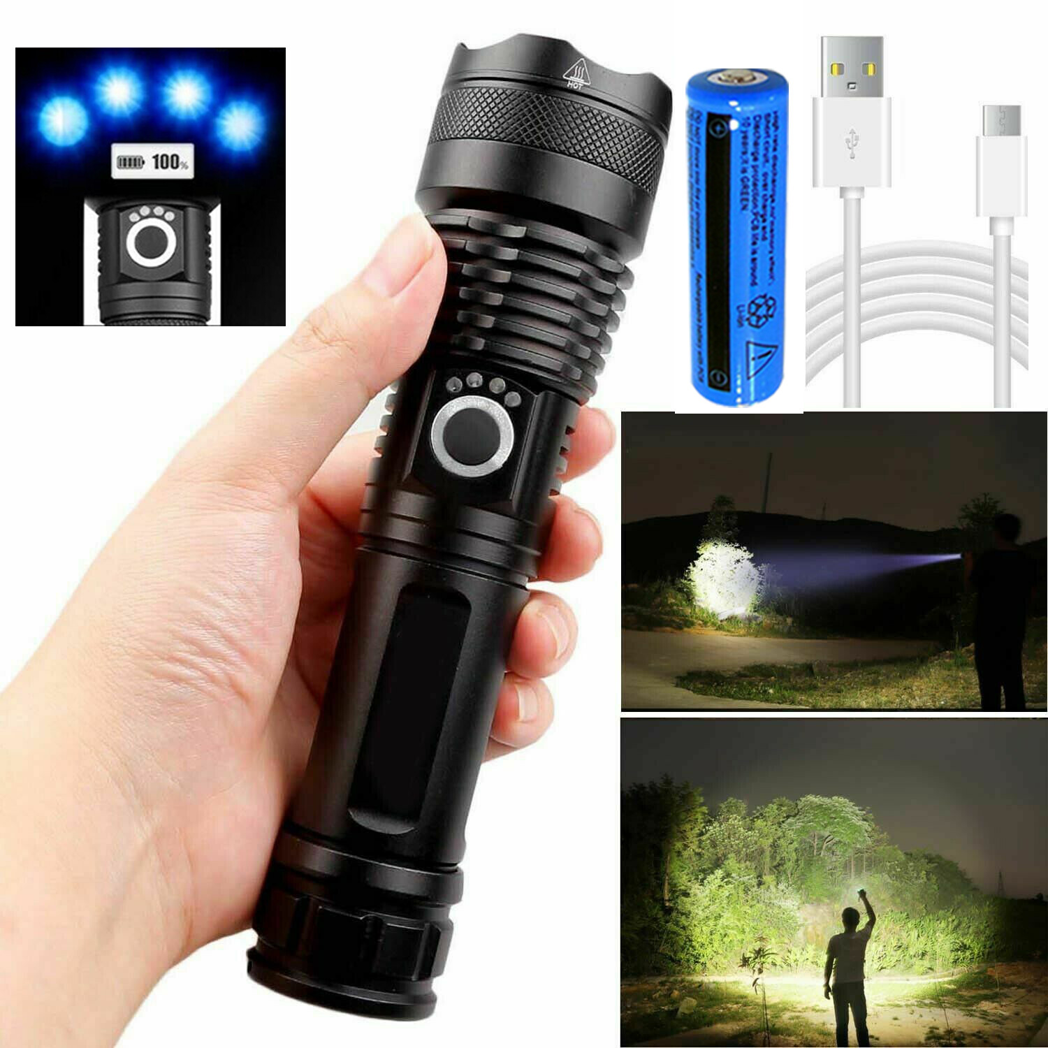 High Powered Super-Bright LED Torch USB Rechargeable Police Security Flashlight