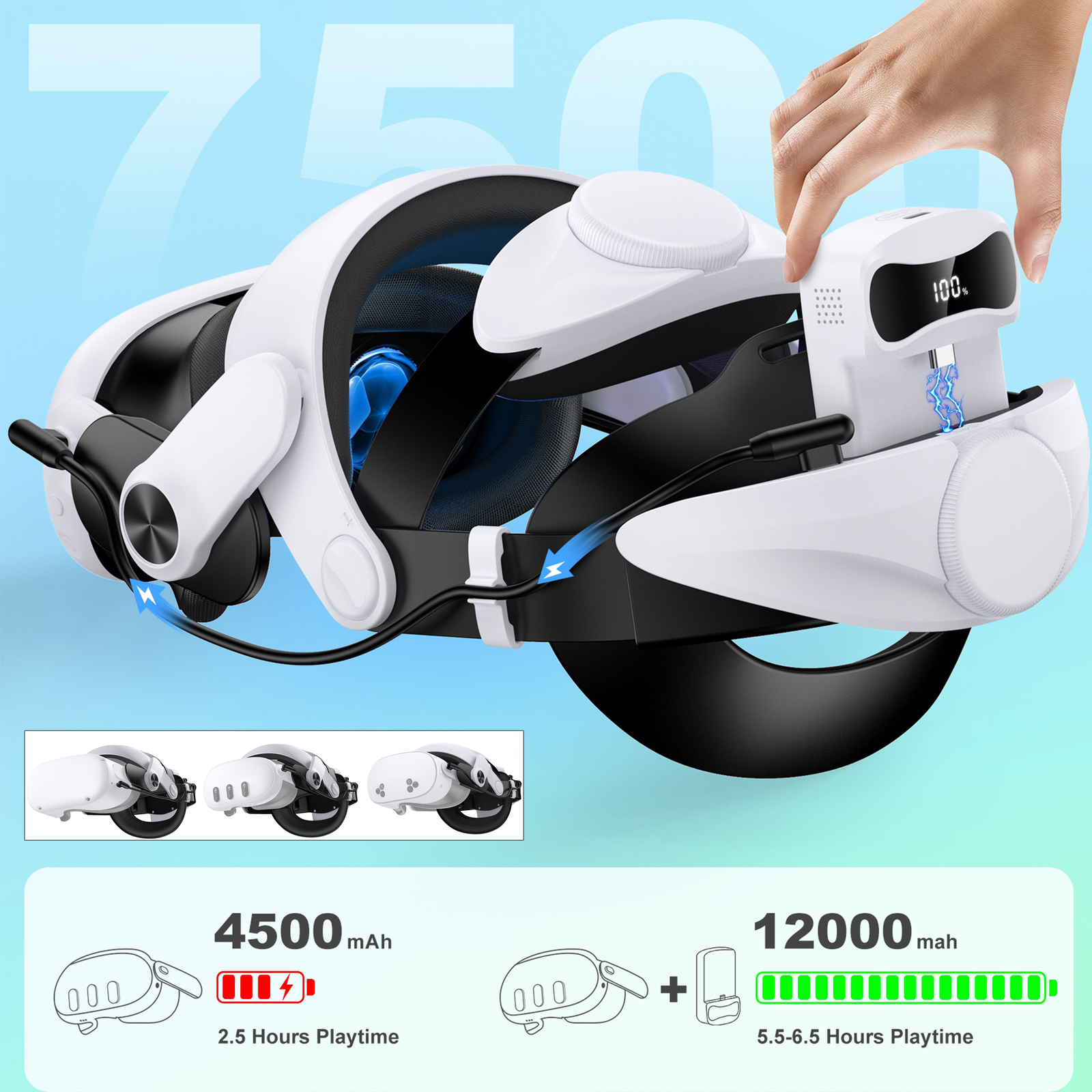 VR Accessories for Meta Quest 3S/3/2 +7500mAh Batery Pack Extend 3-4H Playtime
