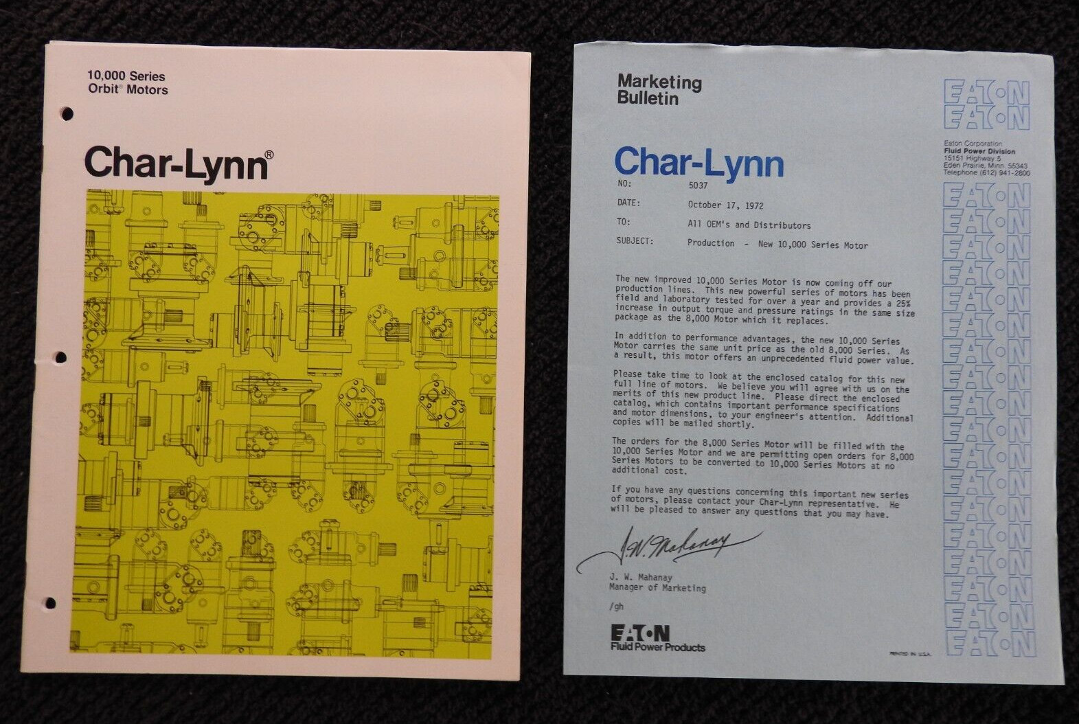 1972 Eaton Corp Char Lynn Orbit Motors Literature Signed Letter Eden Prairie MN