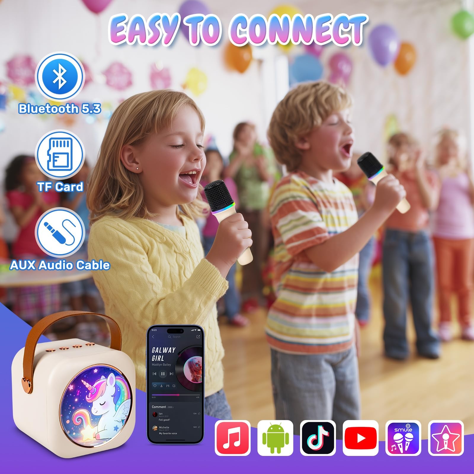 Mini Karaoke Machine with 2 Wireless Microphones, Portable Bluetooth Speaker ...