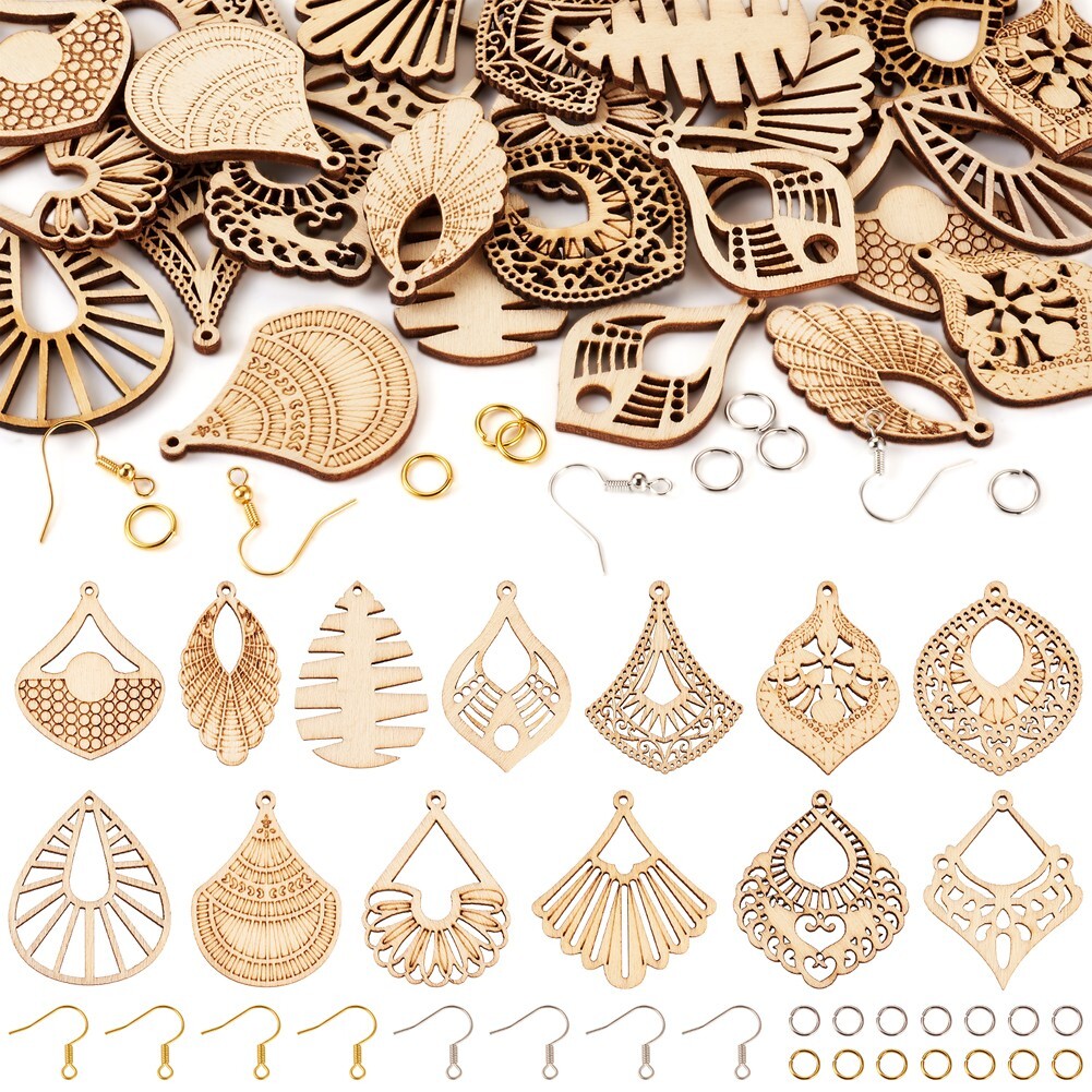13Pairs Natural Wood Geometry Teardrop Rhombus Kite Leaf Earring Making Kits
