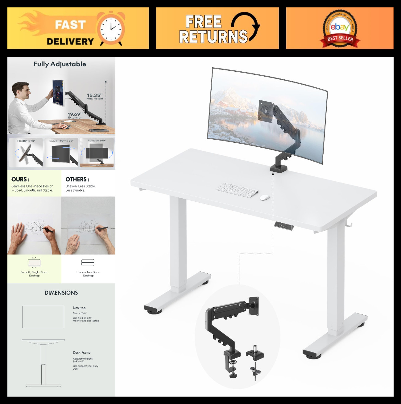 55"x28" Adjustable Standing Desk Bundle with Monitor Mount & Cable Management -