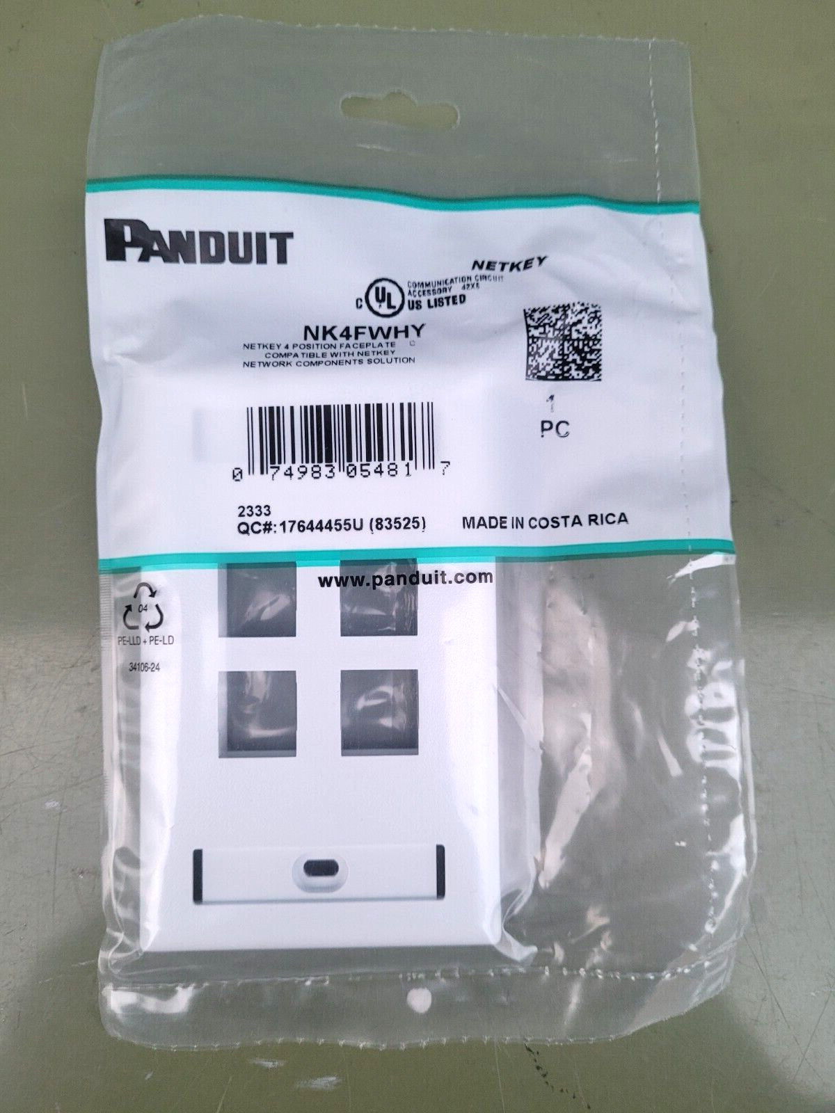 Brand New Set of 2 Panduit NK4FWHY 1-Gang 4-Port Faceplates with Label, White