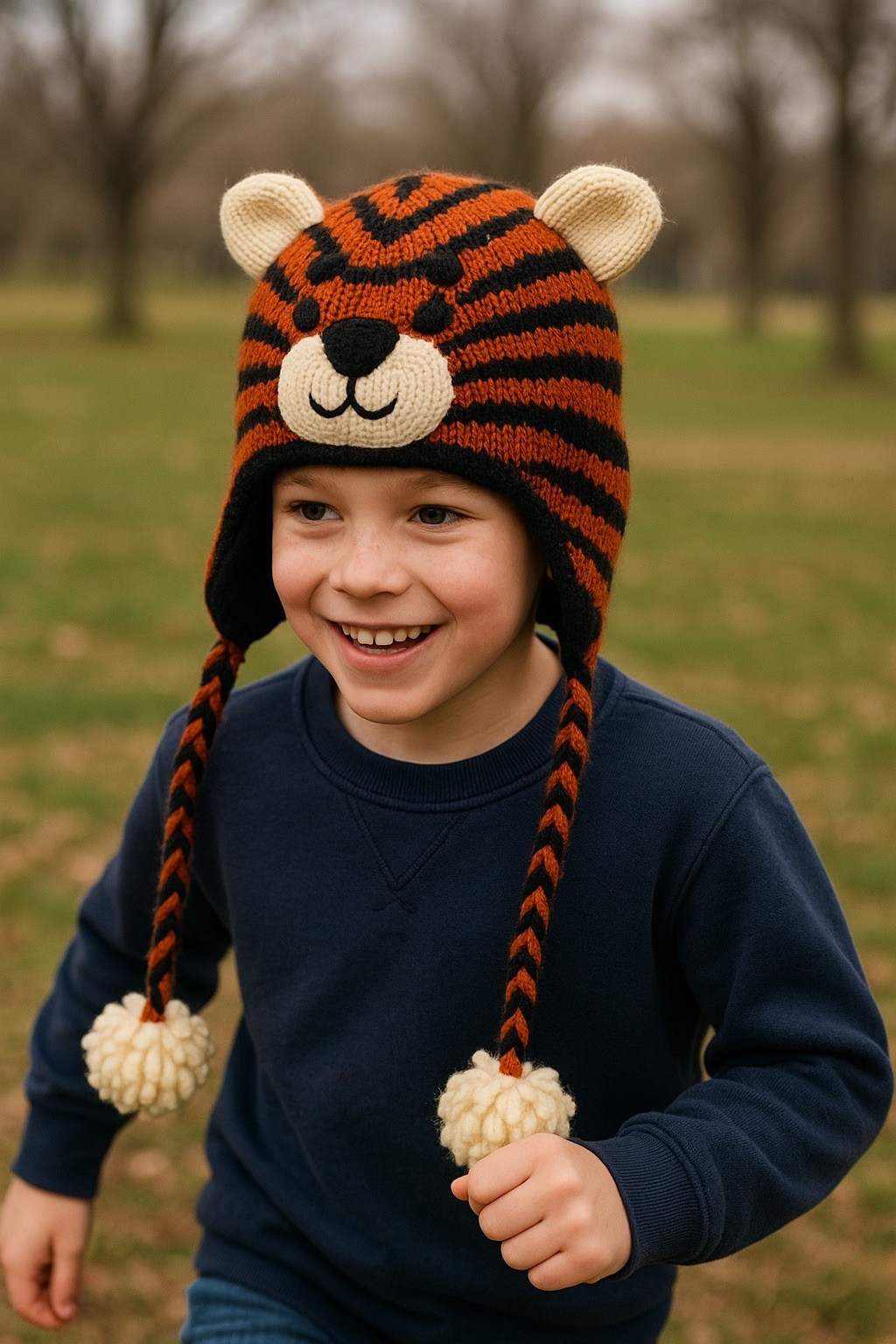 deLux Kids Tiger Hat Sz 4-8 Yrs Orange Wool Nepal Handknit Fleece Lined Boy Girl