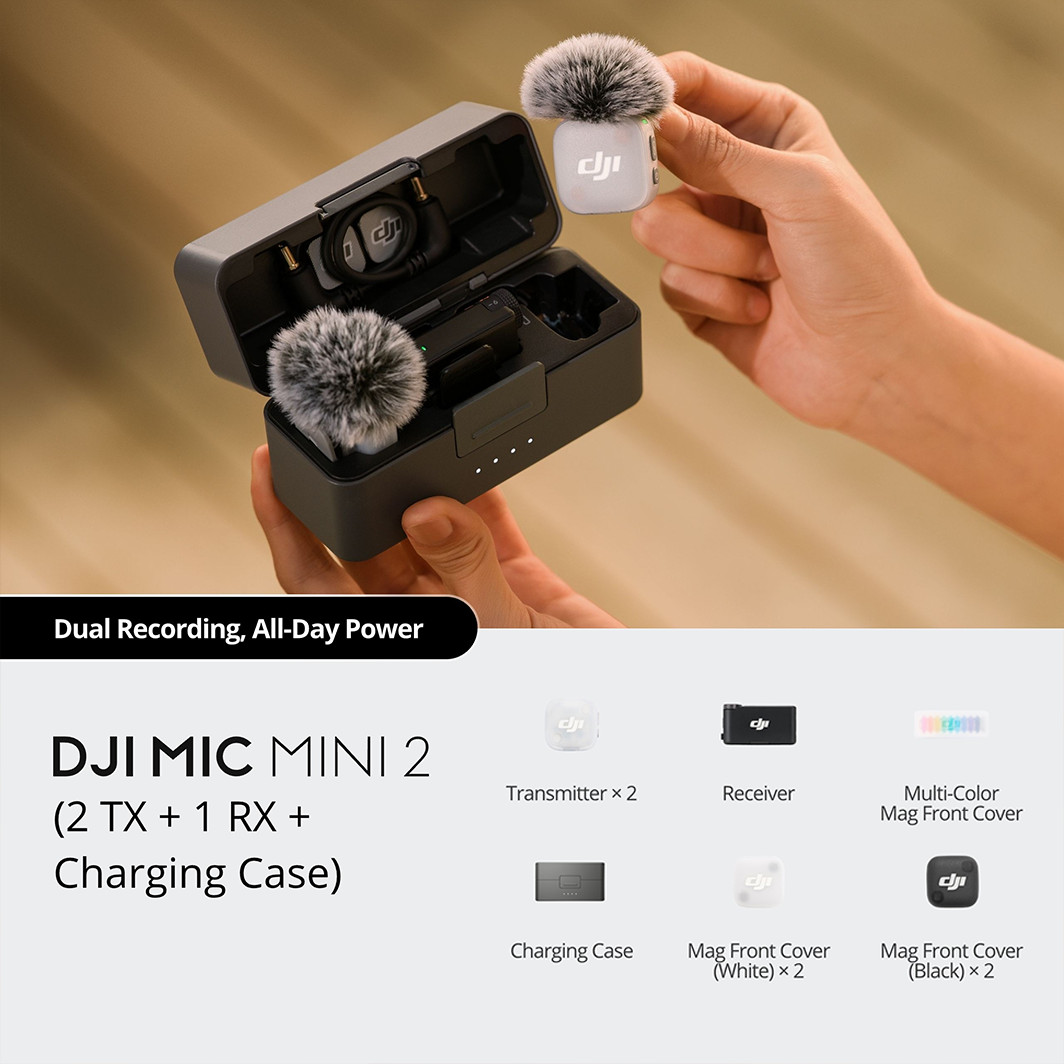 DJI Colourful Mic Mini 2 (2 TX+1 RX+Charging Case), 48H Runtime,Noise Cancelling