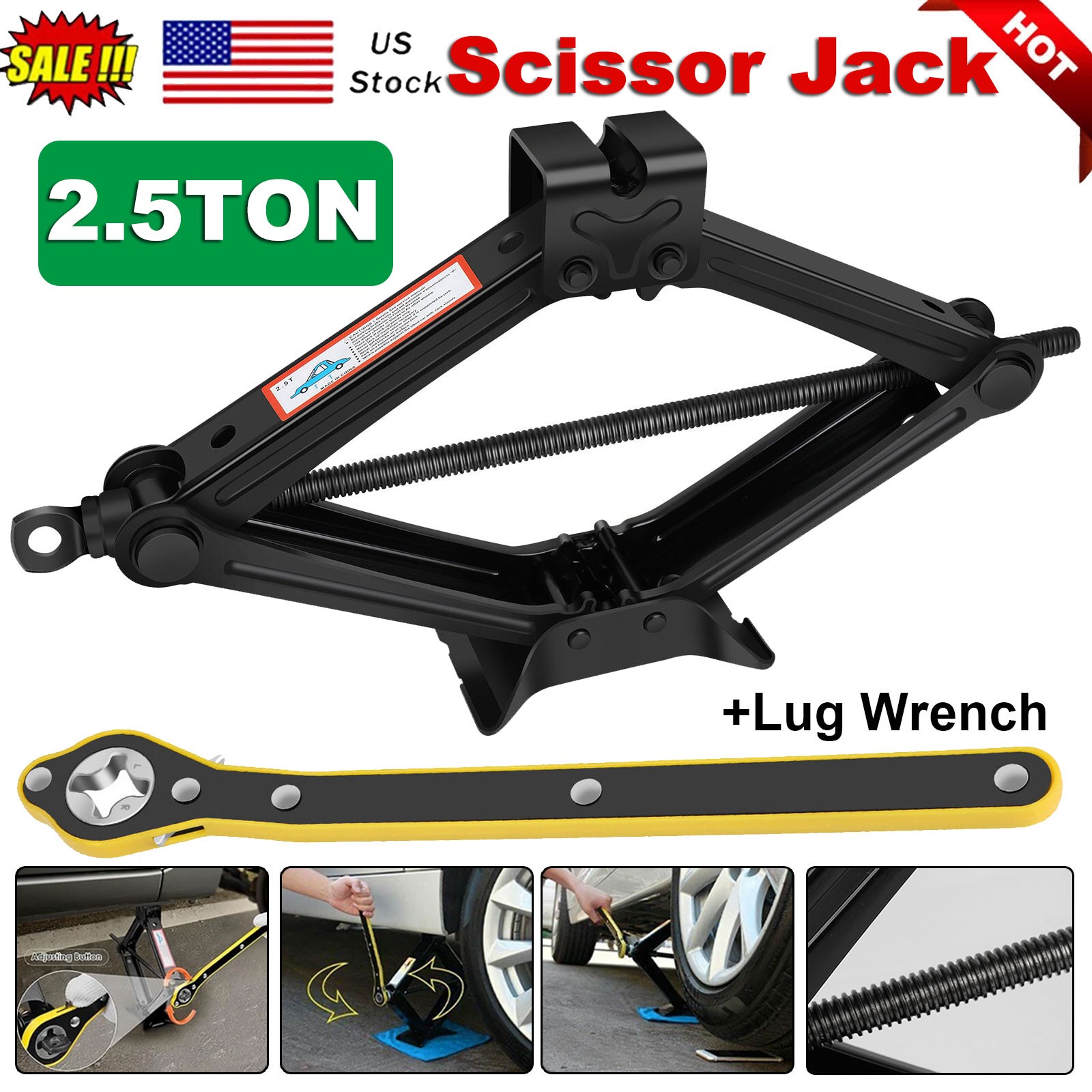2.5T Scissor Jack Handle Crank Tool Car Van Garage W/Tire Wheel Lug Wrench Jack