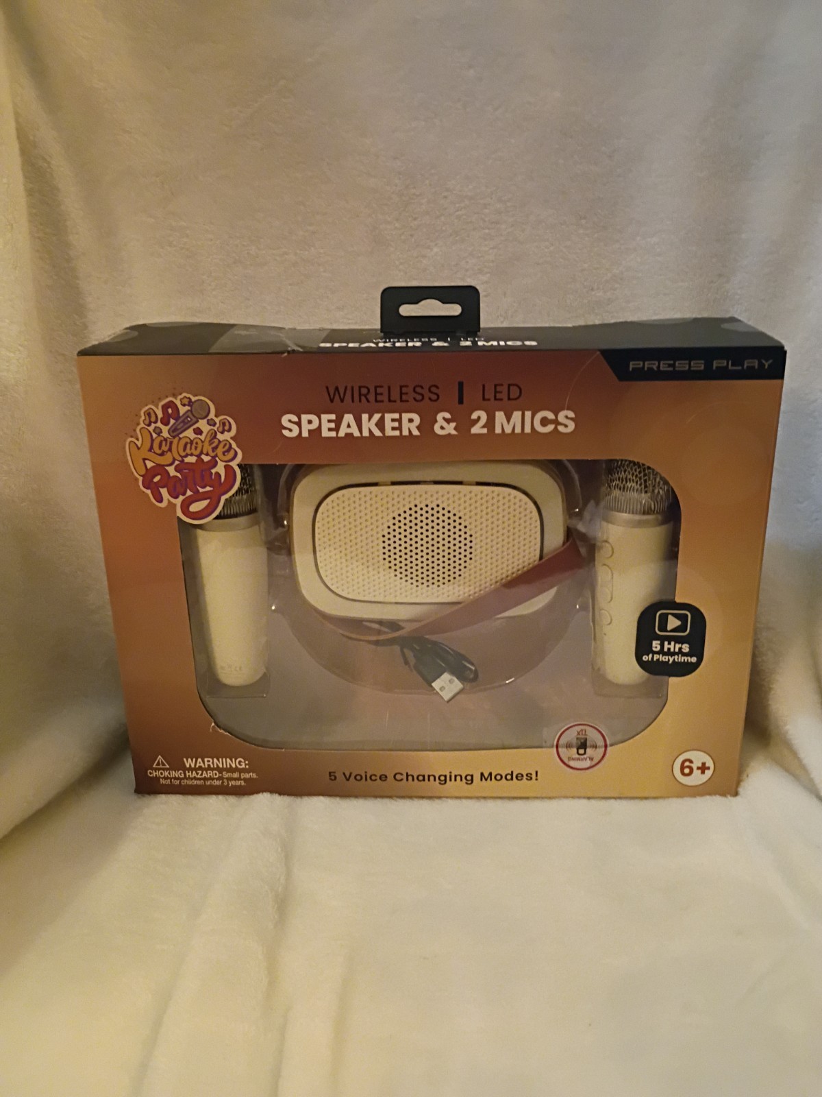Press Play Portable Karaoke System Wireless LED Speaker w/ 2 Microphones White