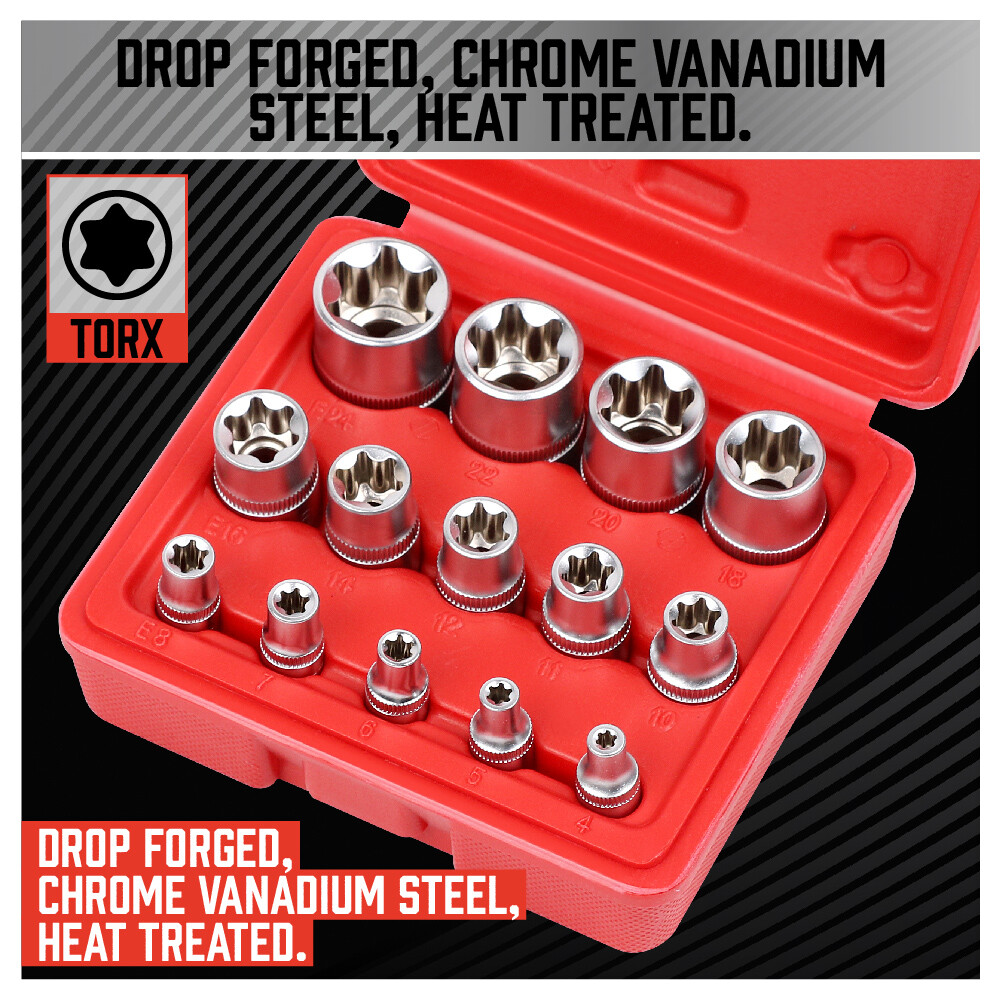 14 Pcs E Torx Star Female Bit Socket Set 1/2" 3/8" 1/4" Drive E4 -E24 with Case
