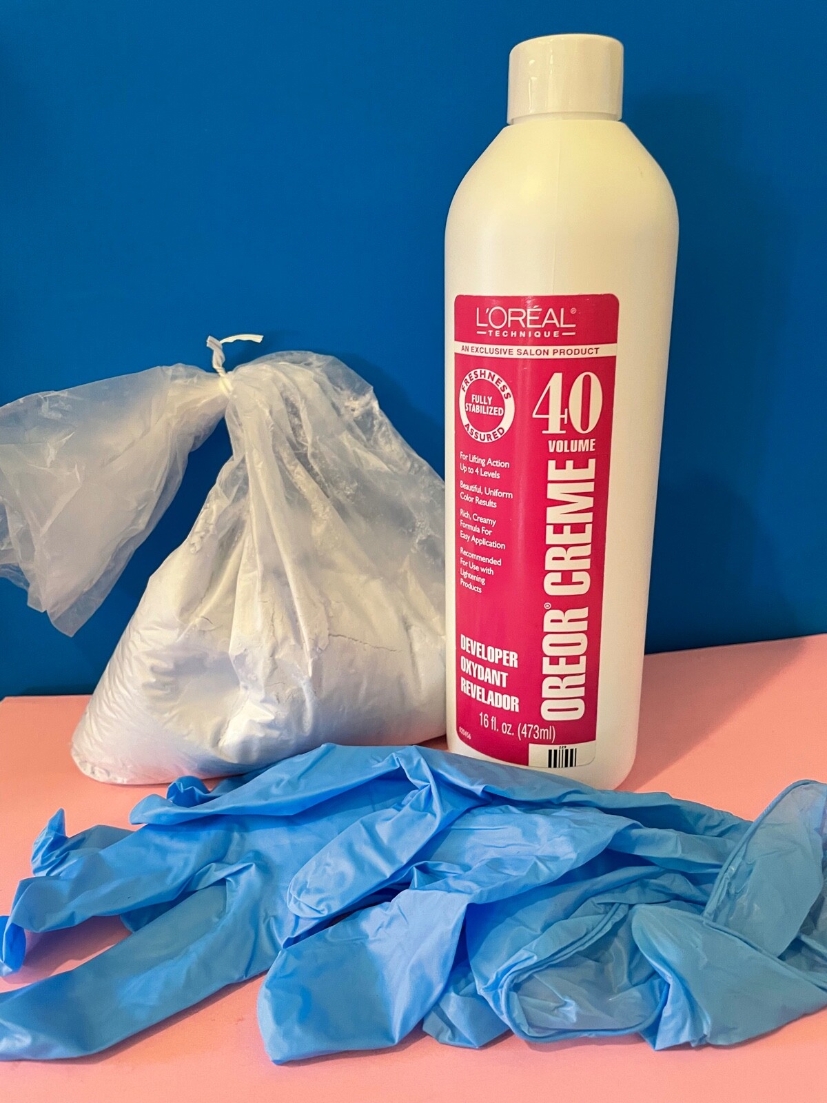 L'oreal Quick Blue Powder Bleach 16oz + Creme Developer 16oz + Gloves Choose