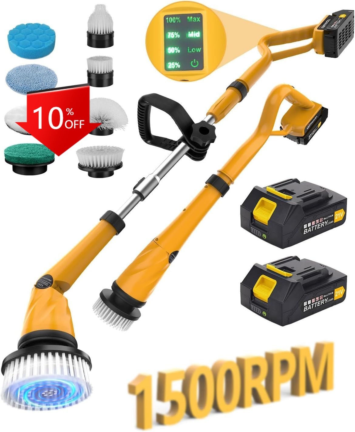 NEW,1500 RPM Electric Spin Scrubber with Two Batteries Q2 Pro, Cordless Battery