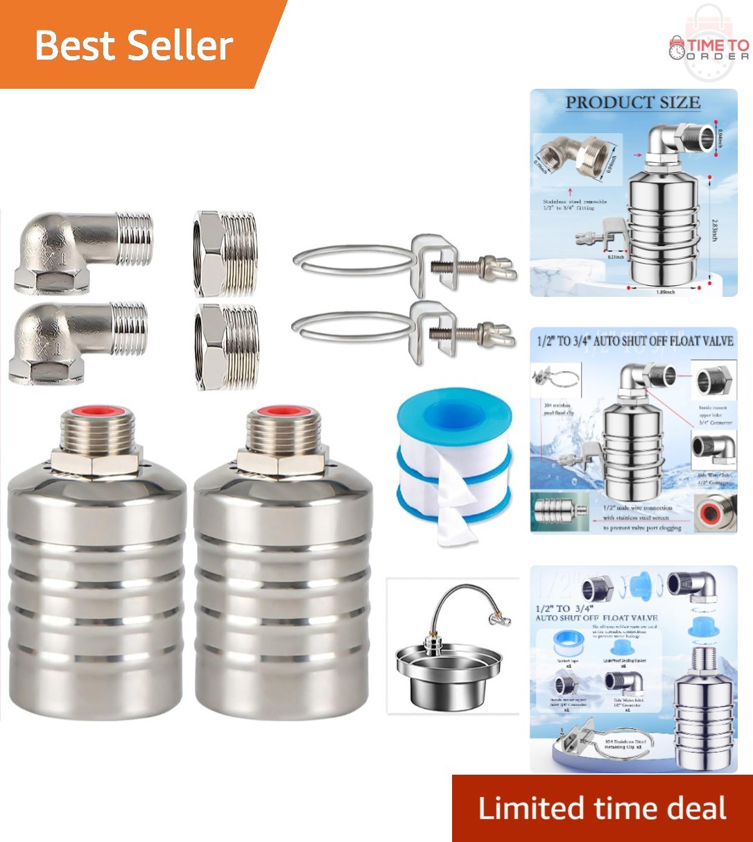 2PCS Stainless Steel Float Valve Water Level Control for Tank Pool Livestock