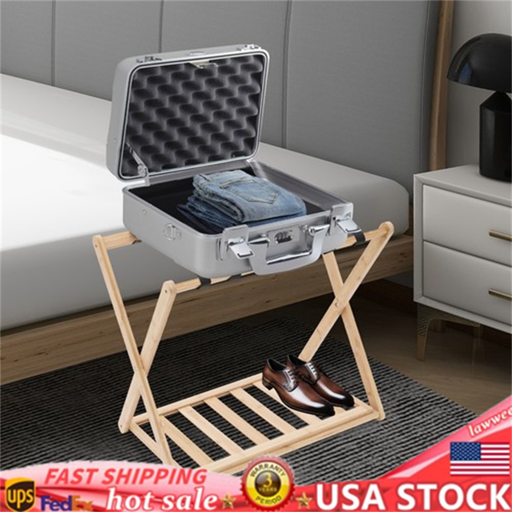 2Pcs Bamboo Luggage Rack Guest Room Foldable Suitcase Stand with Fabric Shelf