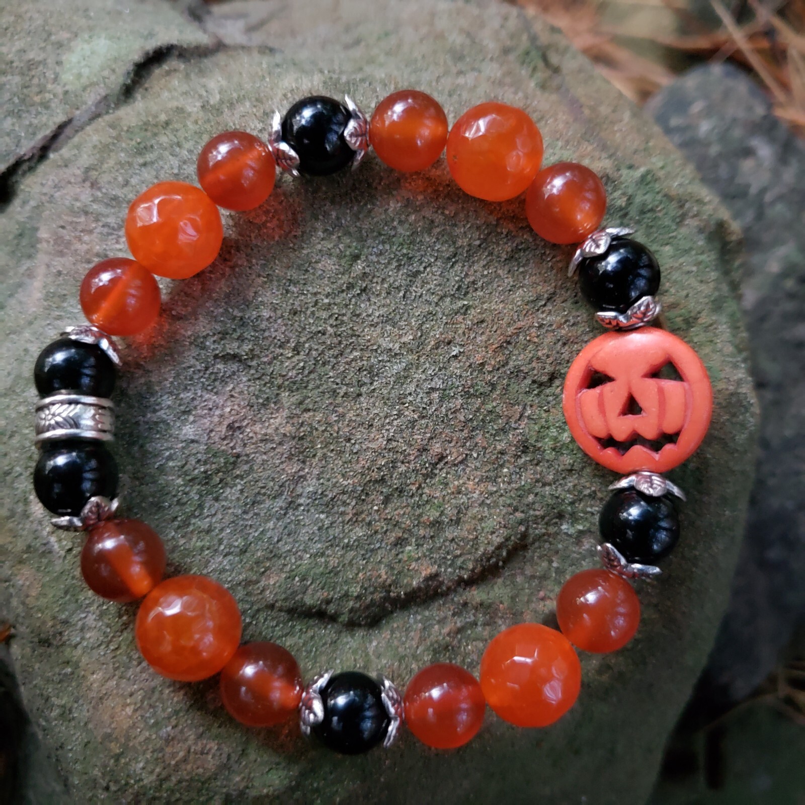 Hand Crafted Stone Bracelet: Carnelian : Orange Agate : Black Onyx  10mm