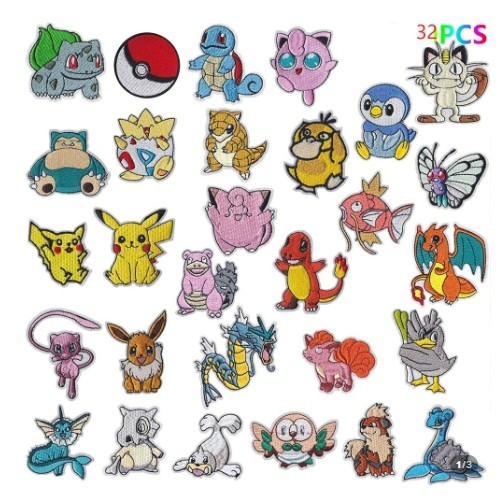 32pcs Pokemon Embroidered Patches Set Pikachu Charizard Iron on Sew on Badge DIY