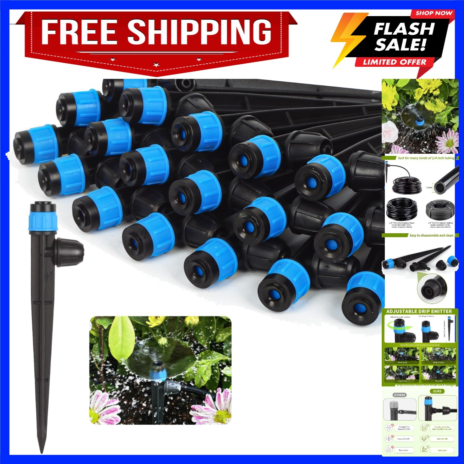 Drip Emitters for 1/4" Drip Irrigation Tubing 25 pcs Adjustable 360 Degree Fa...