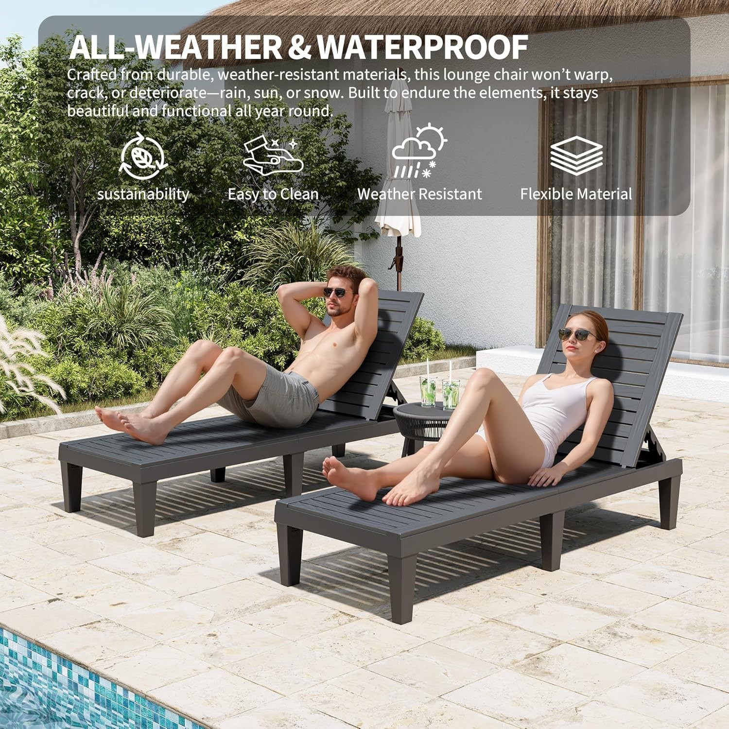 Set of 4 Outdoor Adjustable Chaise Lounge Chairs Wood Texture All-Weather Res...