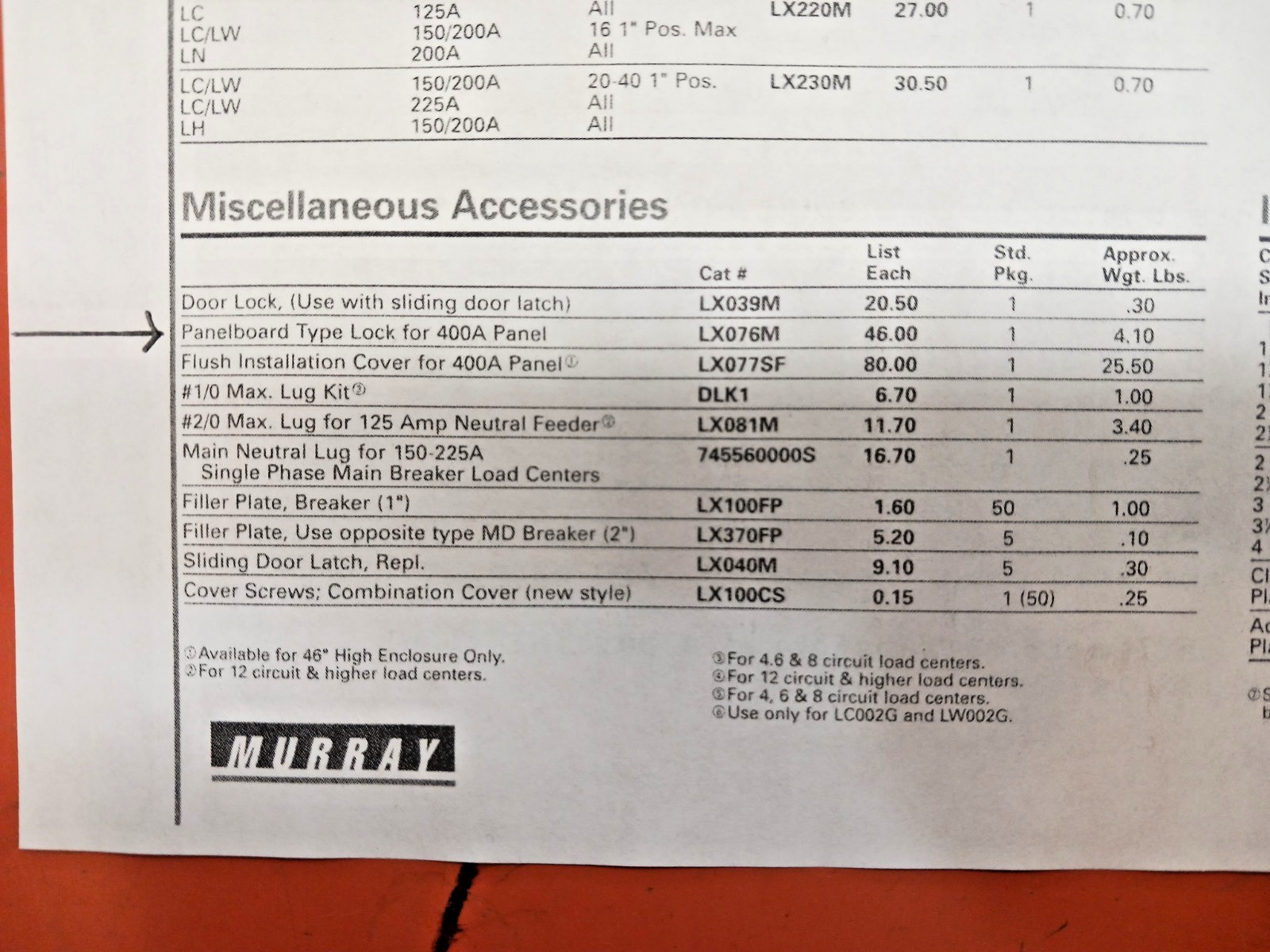 MURRAY LX076M PANELBOARD TYPE LOCK FOR 400A PANEL