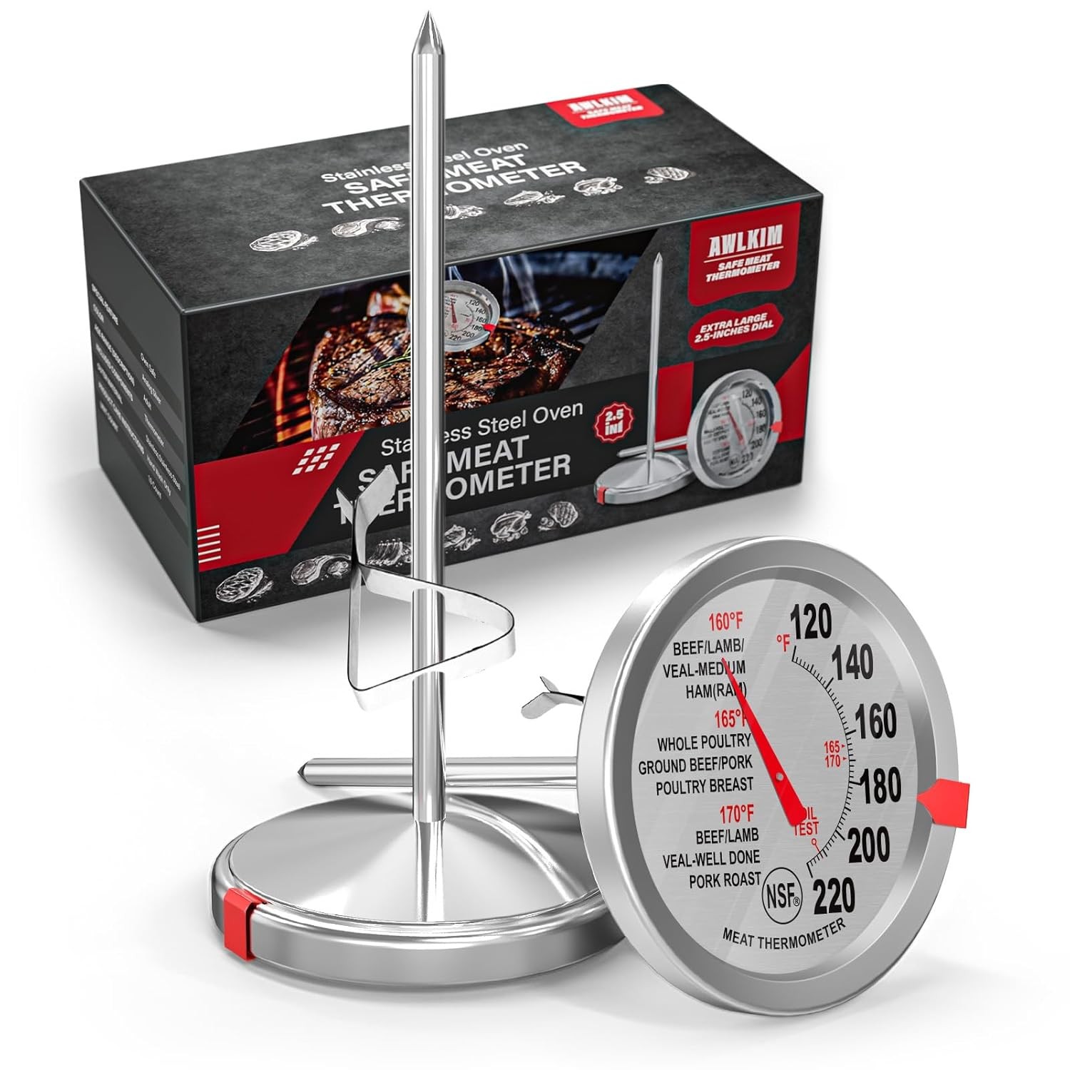 2-pack AWLKIM analog bimetallic meat thermometers, NSF certified and battery