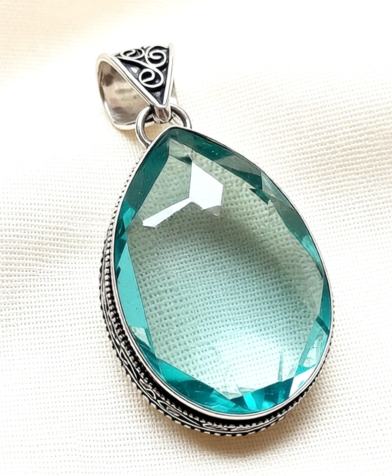 Swiss Blue Topaz Gemstone 925 Sterling Silver Handmade Jewelry Pendant 2.10"