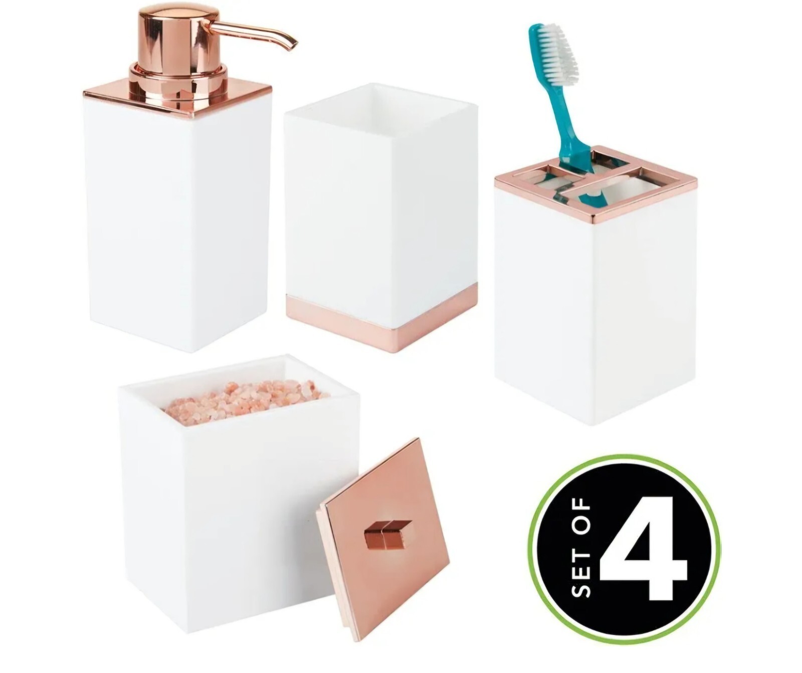 4pc. White w/ Rose Gold Bathroom Acc. Set Toothbrush cup Soap pump plus 2 more D