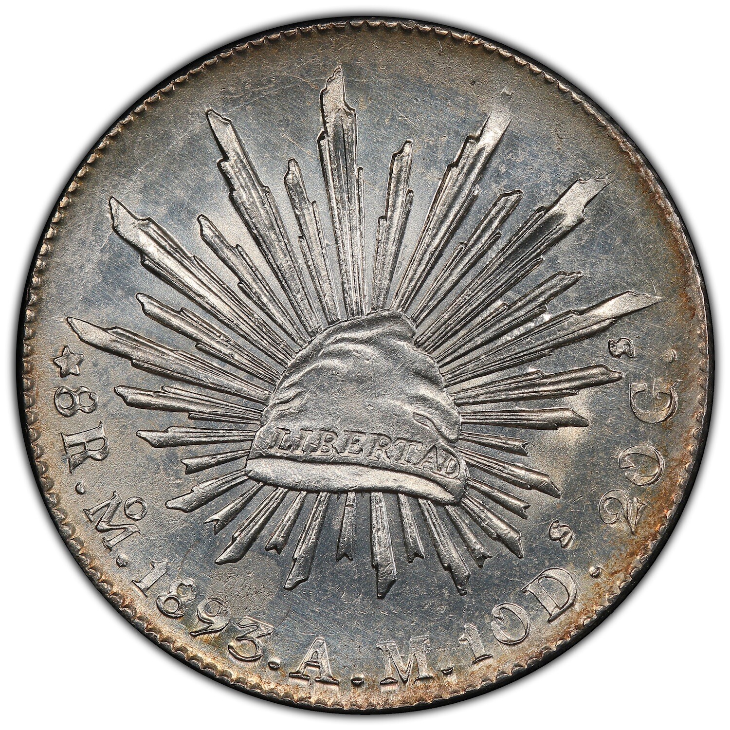 MEXICO REPUBLIC  MEXICO CITY MINT 1893-MoAM  8 REALES COIN, CERTIFIED PCGS UNC.