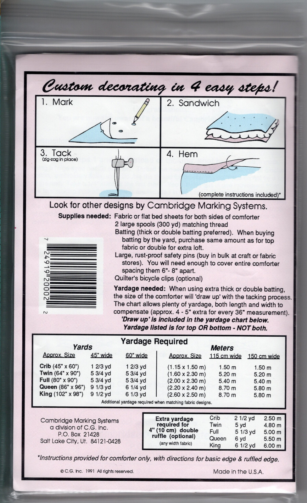 "Hearts" ©1991 Cambridge Marking Systems Fabric Template for Bedspread/Comforter