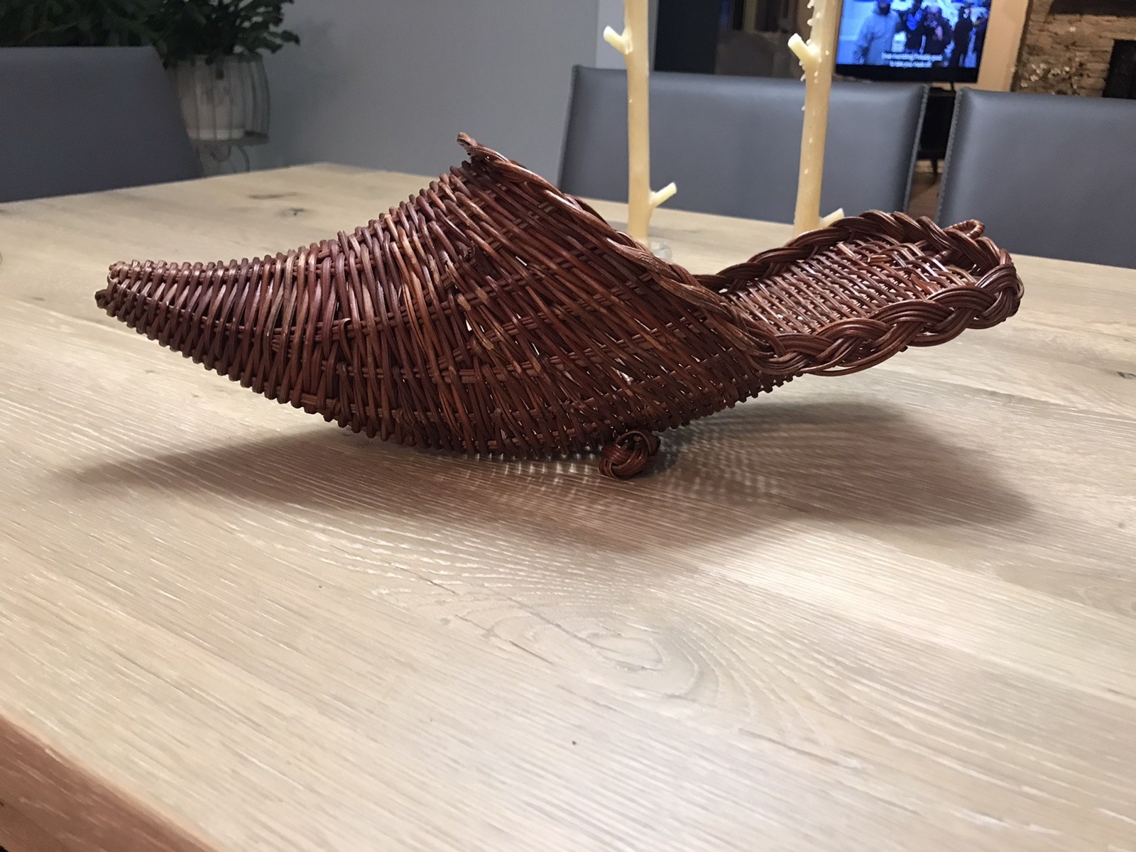 Vintage Thanksgiving Natural Wicker Cornucopia Horn of Plenty Basket Farmhouse
