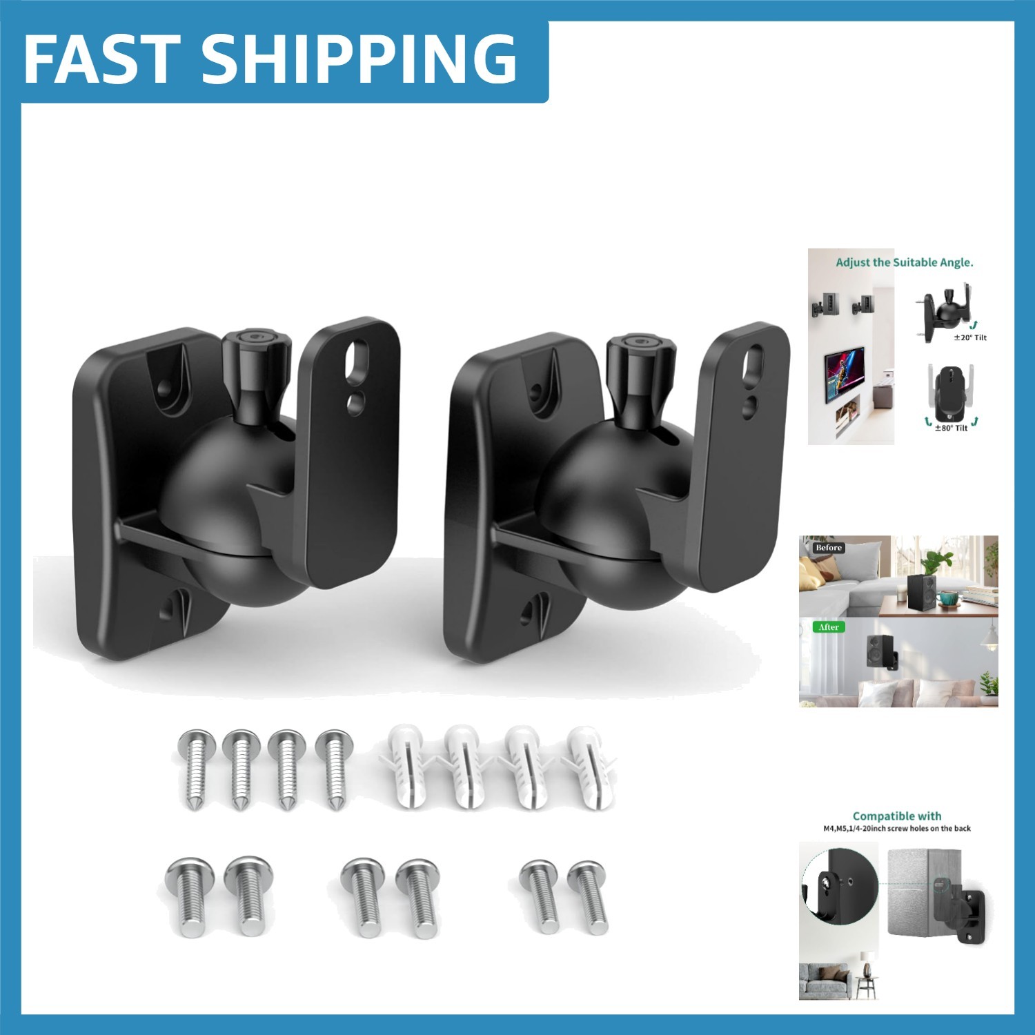 Sturdy Wall Mount Brackets for Bookshelf Speakers - 2-Pack, Adjustable, Black