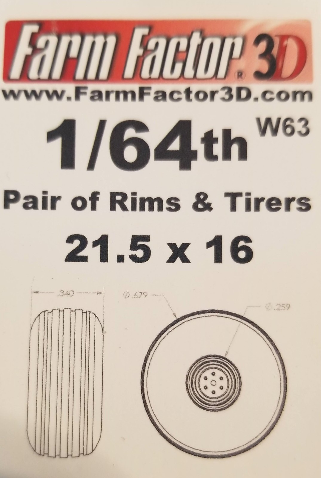 1/64 3D Printed Pair of 21.5-16 Tires & Rims