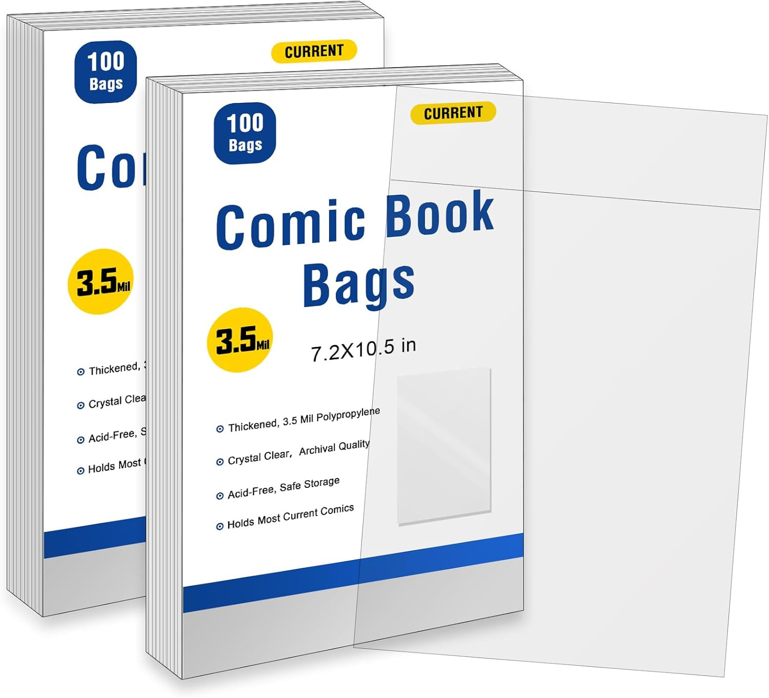 200Ct Current Comic Book Bags Resealable,3.5 Mil Thick Comic Book Sleeves,Acid-F