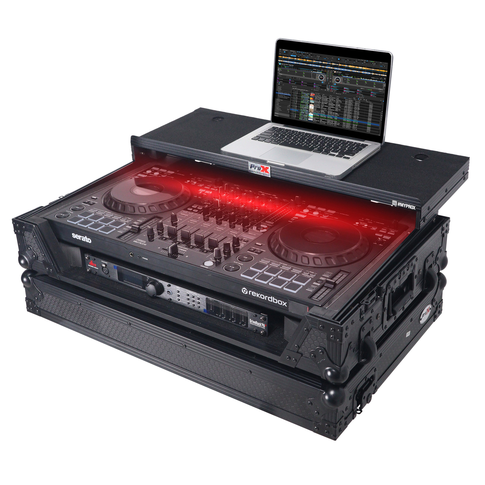 ProX XS-DDJFLX10WLTBL Pioneer DDJ-FLX10 Black Case w/Shelf+1U Rack+Wheels+LED