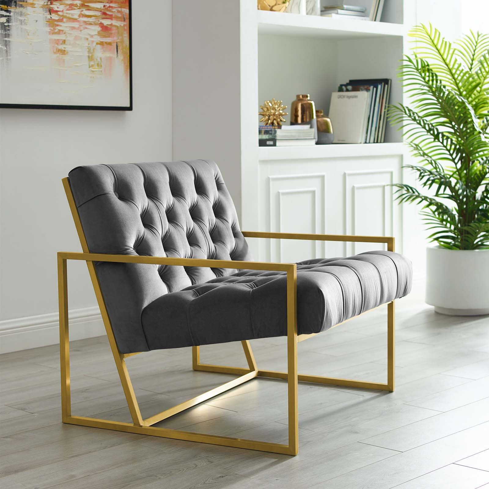 Modway Bequest Gold Stainless Steel Performance Velvet Accent Chair in Gray