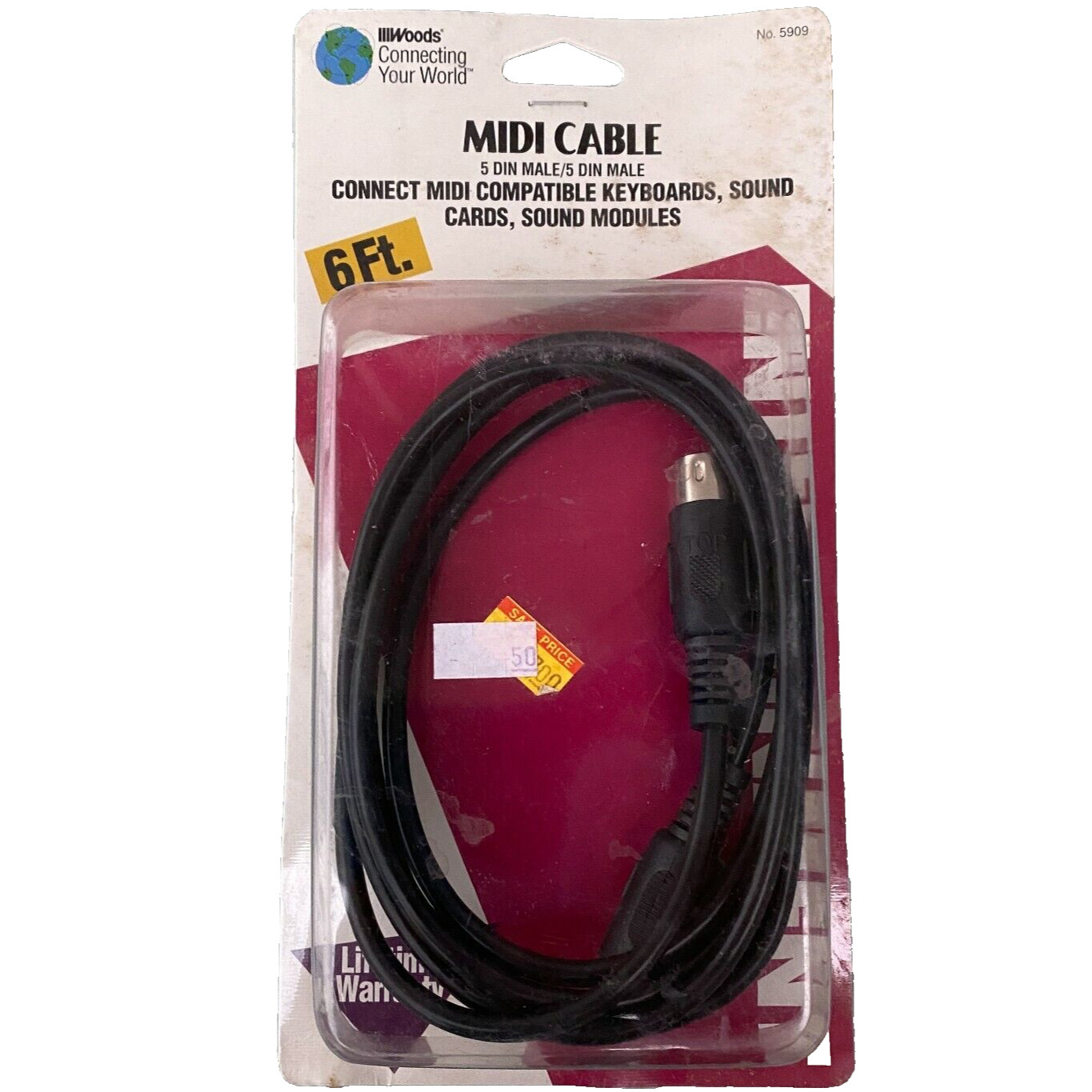 Woods 5909 Midi Cable 5 DIN Male Compatible Keyboard Sound Card Modules 6ft 1996