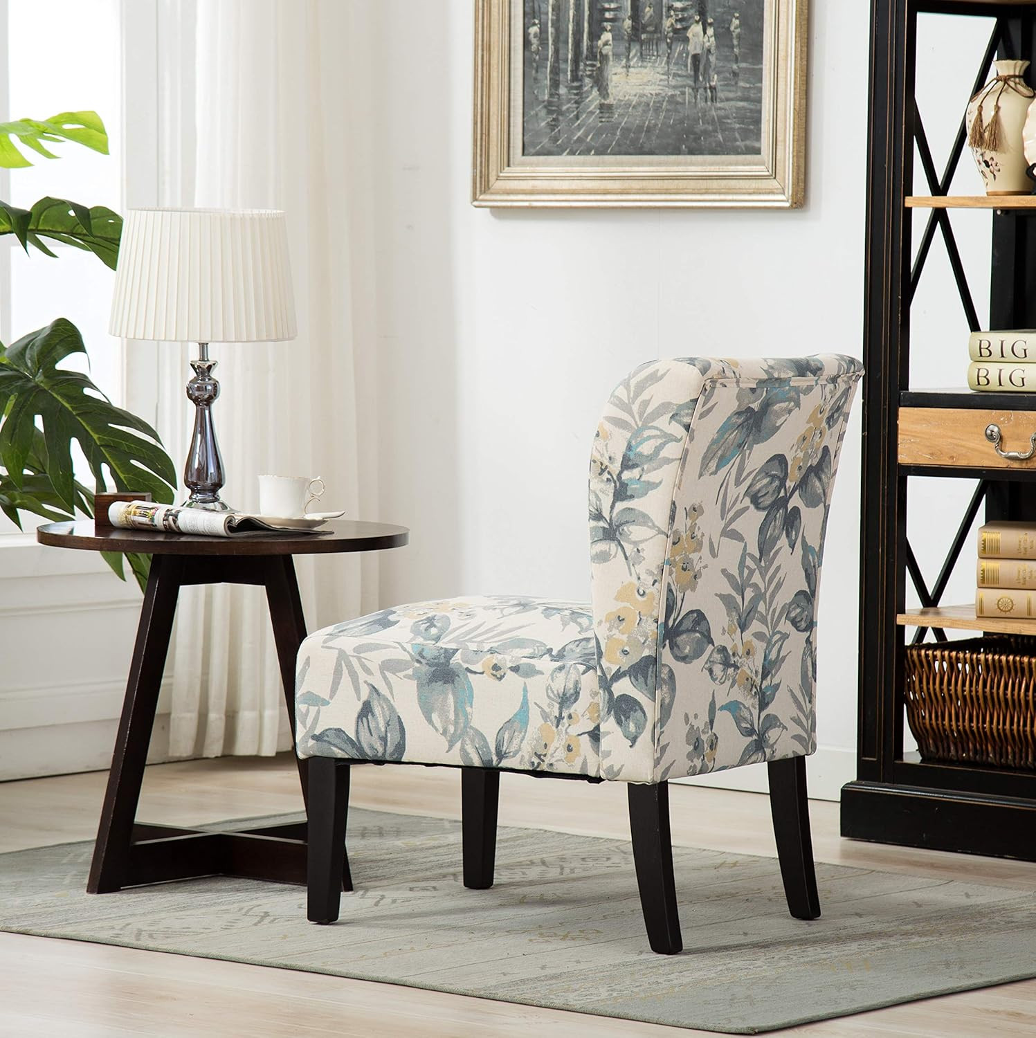 Capa Print Abric Armless Contemporary Accent Chair, Blue Leaves