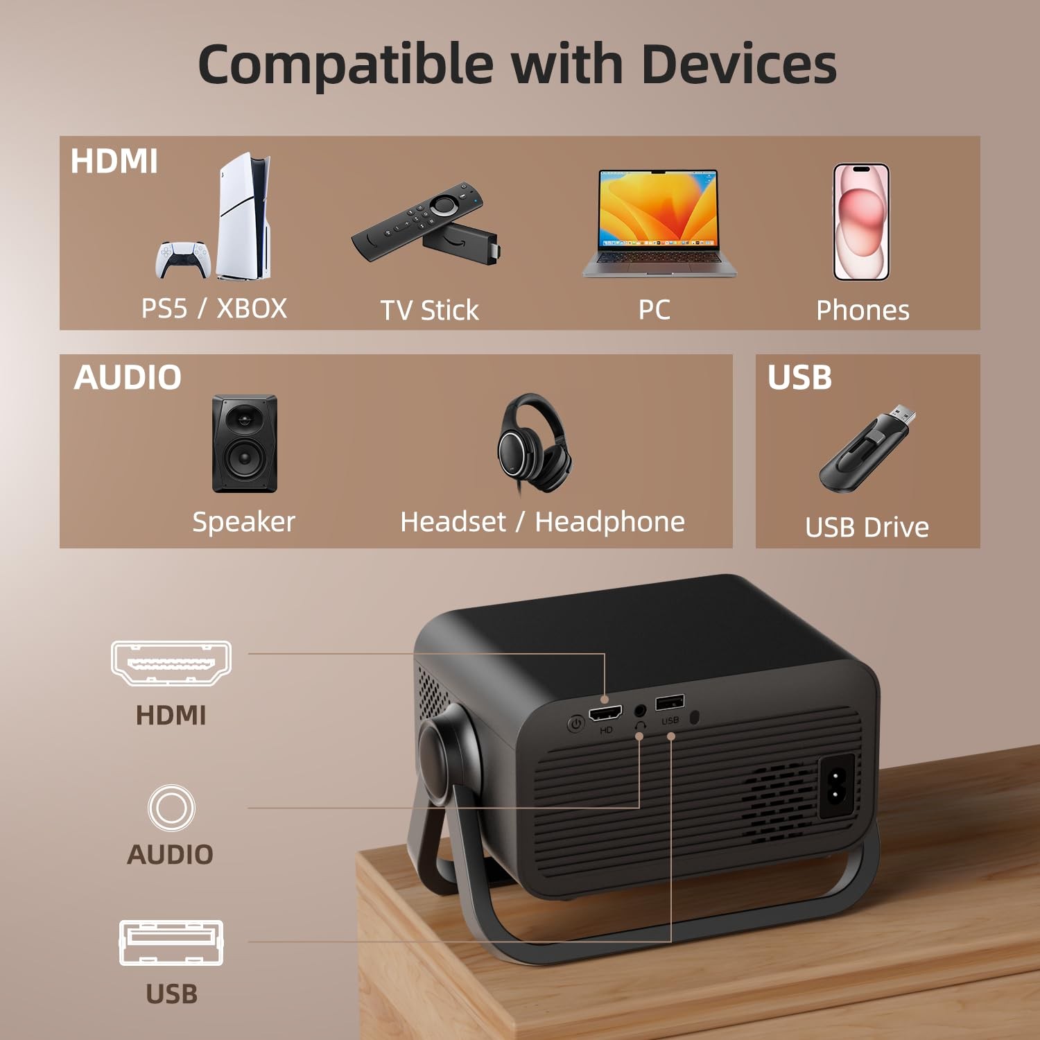 Portable 1080P Mini Projector 360 Adjustable Stand Auto Keystone Bluetooth 5.4