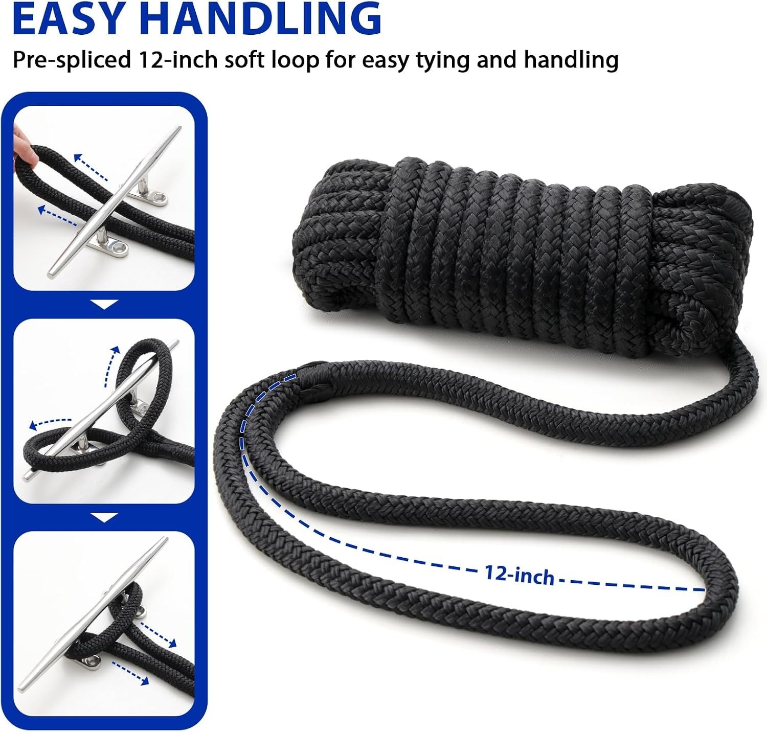 Durable Double Braided Nylon Dock Lines with Pre-Spliced Loop - 40ft Total