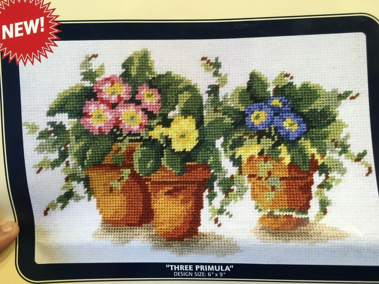 THREE PRIMULA DMC Needlepoint Canvas #NC002 6" x 9"  Flowers Floral flowerpots