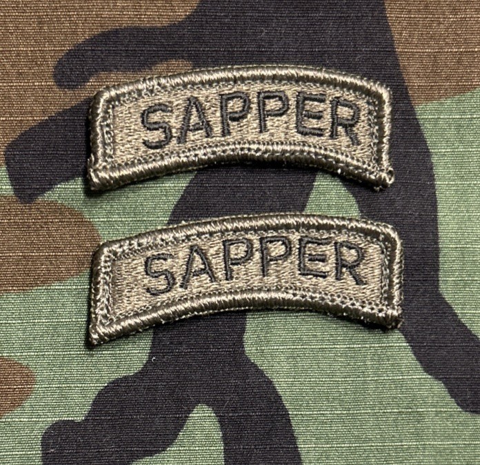 US Army Sapper Tabs (2) w/ Hook BDU OD Green