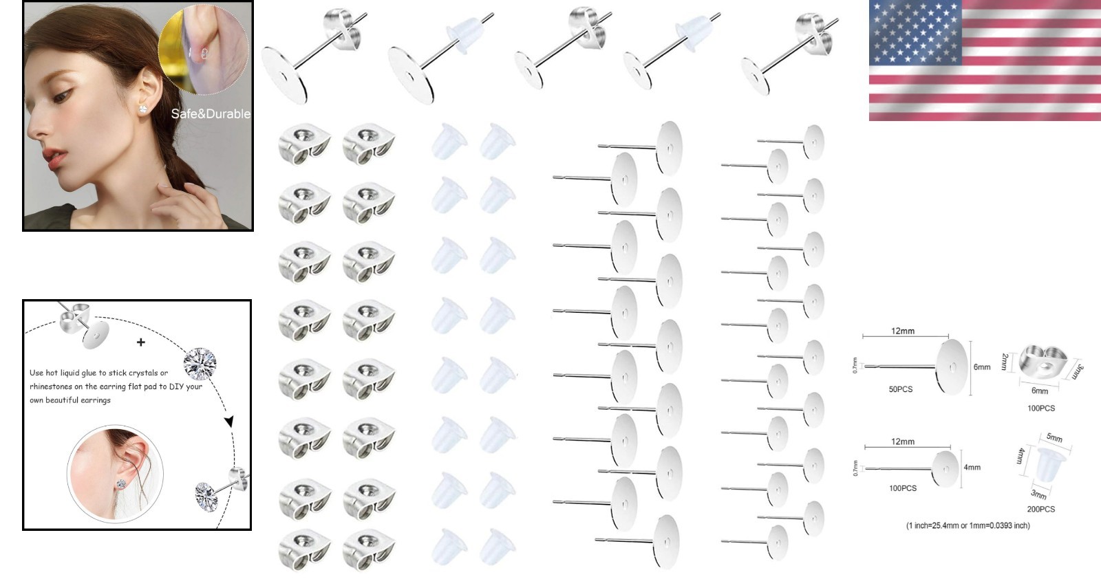 450PCS Earring Posts Stainless Steel Flat Pad,Hypoallergenic Stud Earrings with