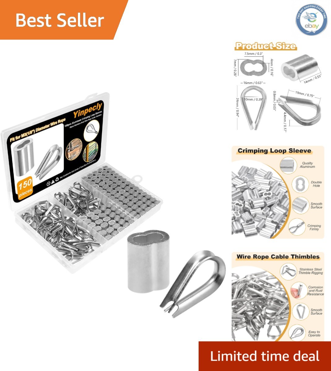 Versatile 1/8" Wire Rope Kit: 100 Aluminum Loop Sleeves & 50 Steel Thimbles