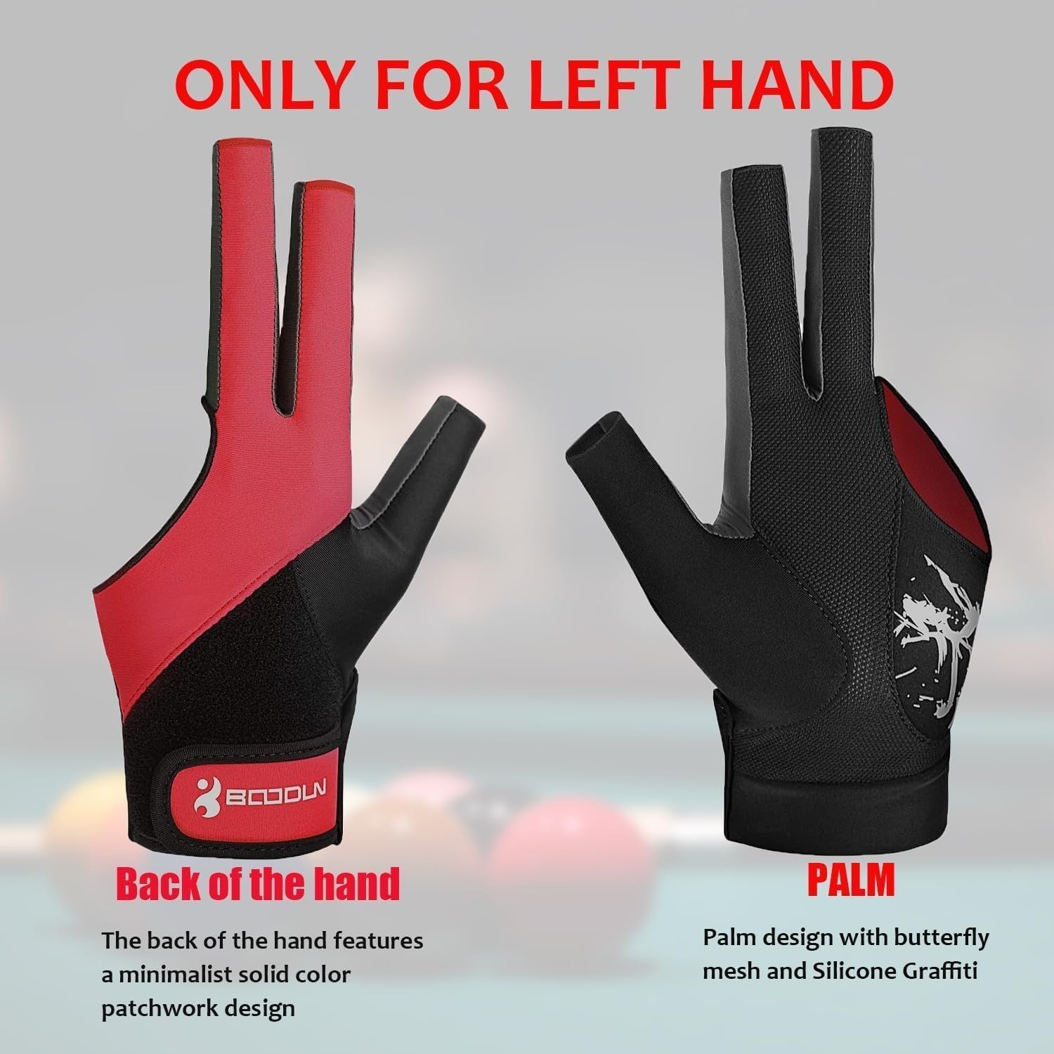 Billiard Pool Gloves for Left Hand 3 Finger, Splicing Process, Snooker Cue Sp...
