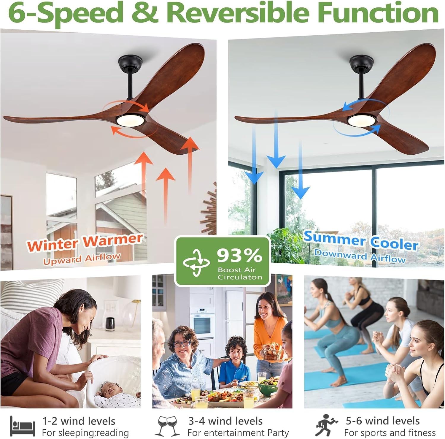 60" Solid Wood Low Profile Ceiling Fan with Lights Remote Control 6 Speeds Quiet