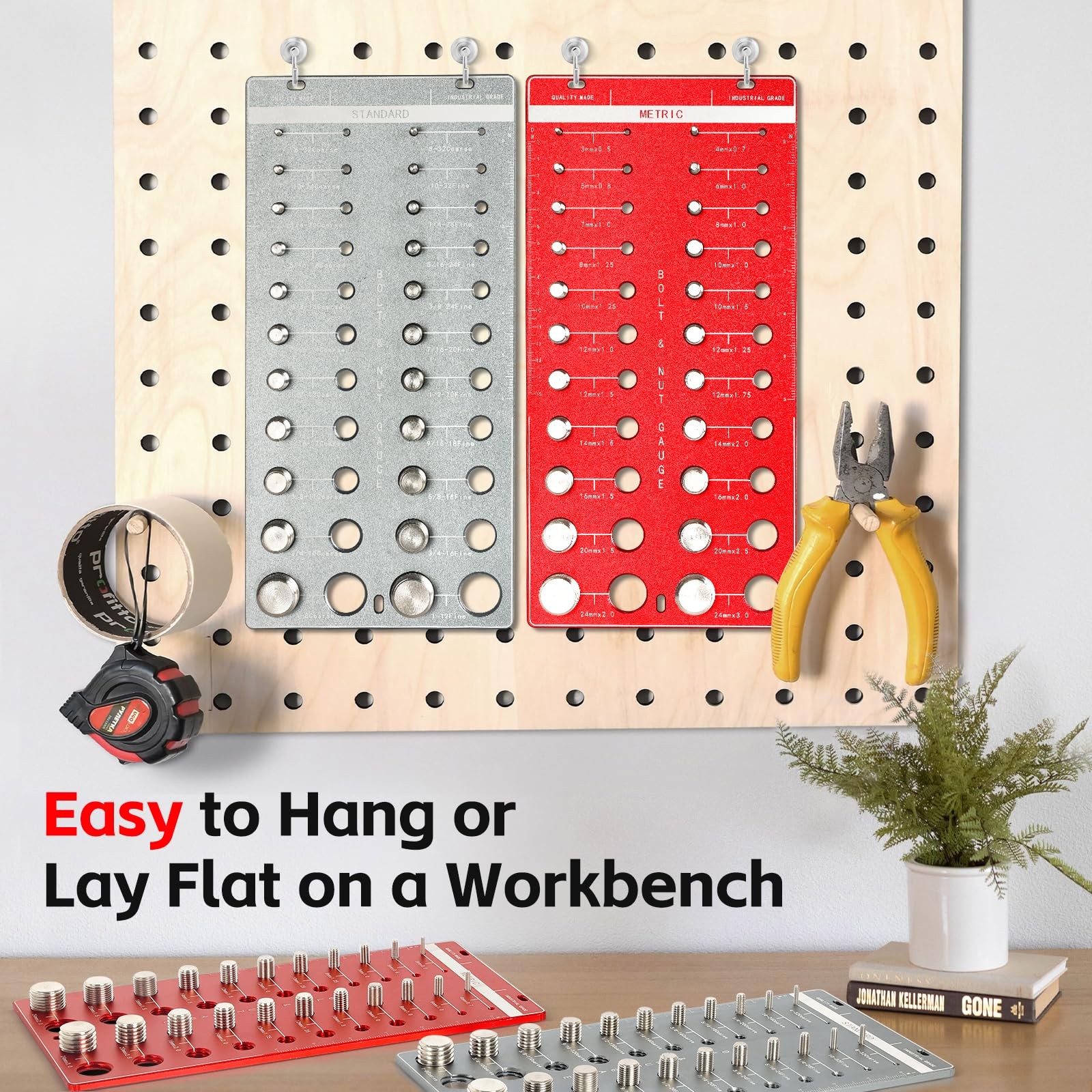 44 PCS Nut Bolt Thread Checker Standard Metric Size Gauge Wall Mount Ruler