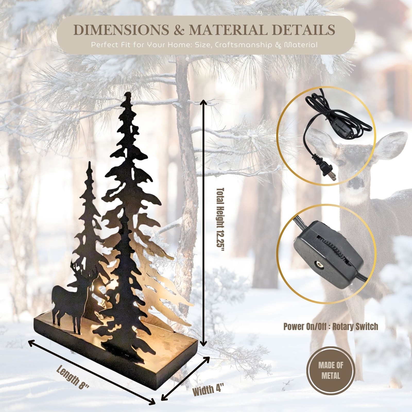 Rustic Deer Silhouette Lamp – Dark Brown Forest Table Light for Cabin Décor